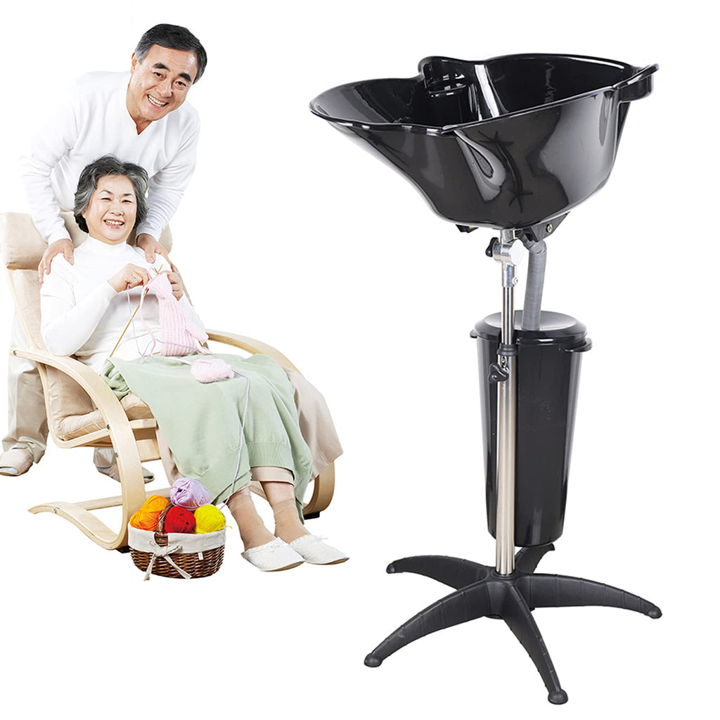 HinLIaDa Portable Shampoo Bowl, Height-Adjustable Hair Washing Sink, Salon Deep Shampoo Basin Sink for Washing Hair, Barber Salon Spa Beauty Sink Equipment Unit with Drain Pipe and Bucket (Black)