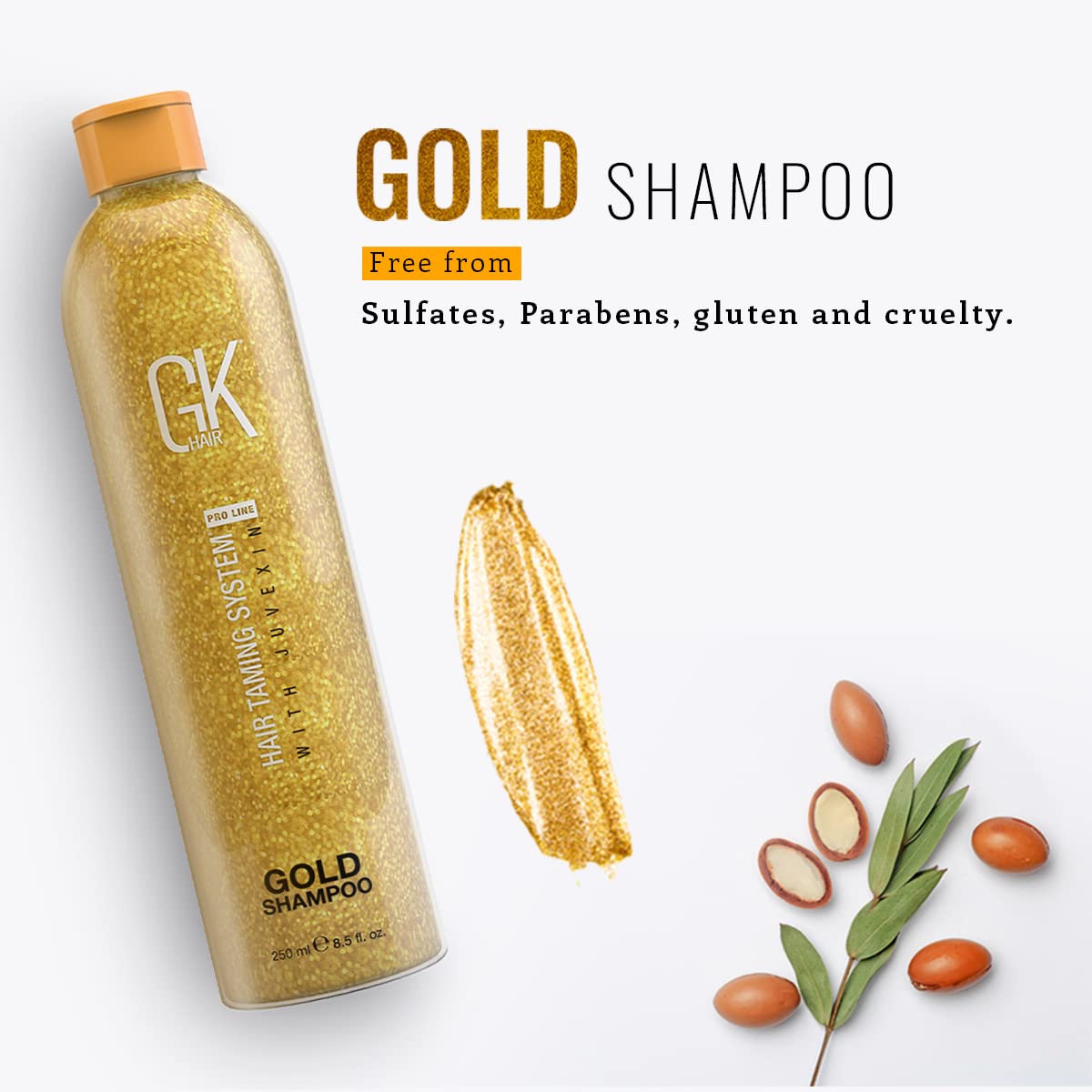GK HAIR Global Keratin Gold Shampoo (8.5 Fl Oz/250ml) Hair Moisturizing Shine and Protection With Argan Oil, Shea Butter, Natural Oils All Hair Types