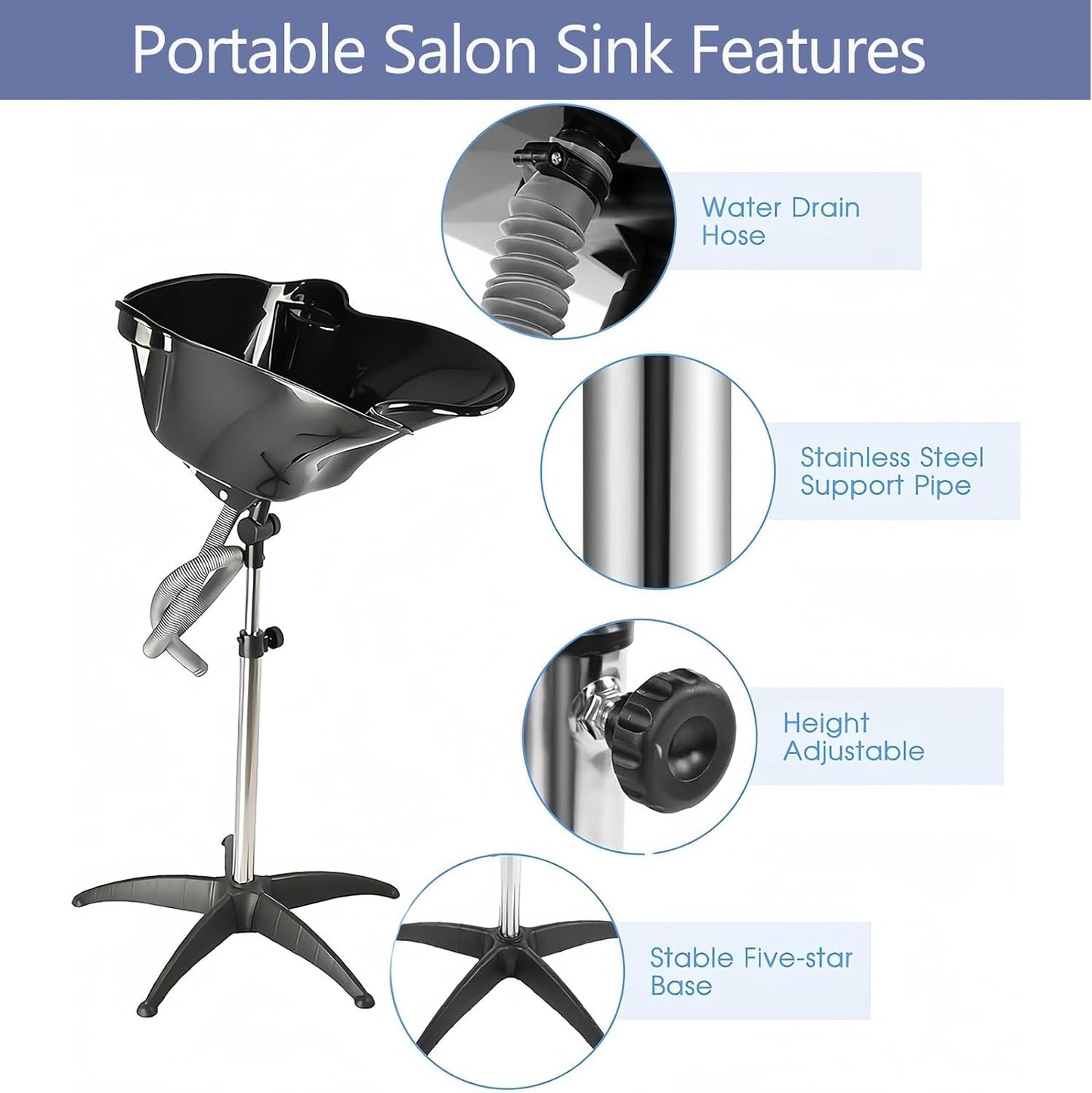 Height Adjustable Portable Shampoo Sink with 270° Rotation, Deep Hair Washing Basin & Drain Hose for Home/Salon - Black