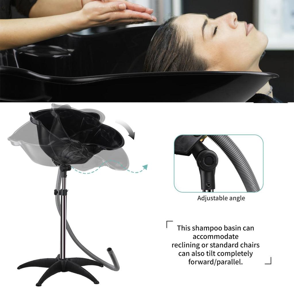 Portable Shampoo Bowl, Shampoo Basin Salon Sink with 1.5m Drain Pipe, Height & Angle Adjustable, Standing Deep Shampoo Bowl for Home/Salon Hair Washing and Cutting, Black