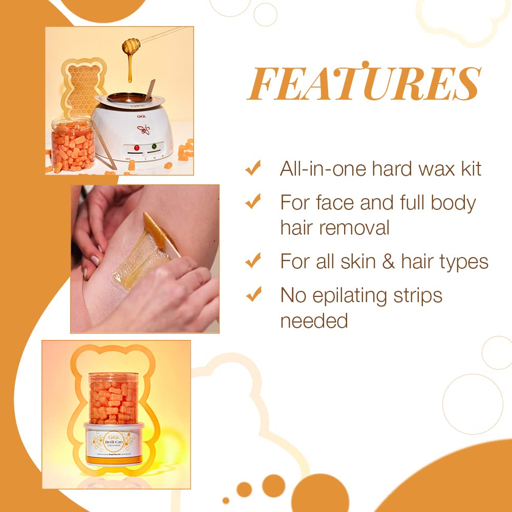 GiGi Honee Bear 脱毛硬蜡套装 - 蜂蜜香味硬蜡珠，适用于面部和身体，带补充罐和涂抹器