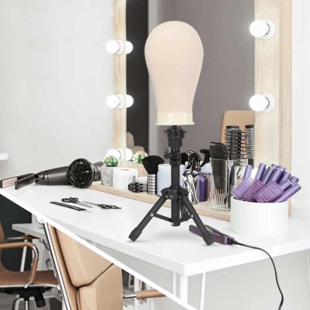 FUTAI 22 inches Canvas Mannequin Head with Tripod Stand Wig Cap T Pins Rat Tail Comb and Hairpins for Wig Making Practice Styling Training Display