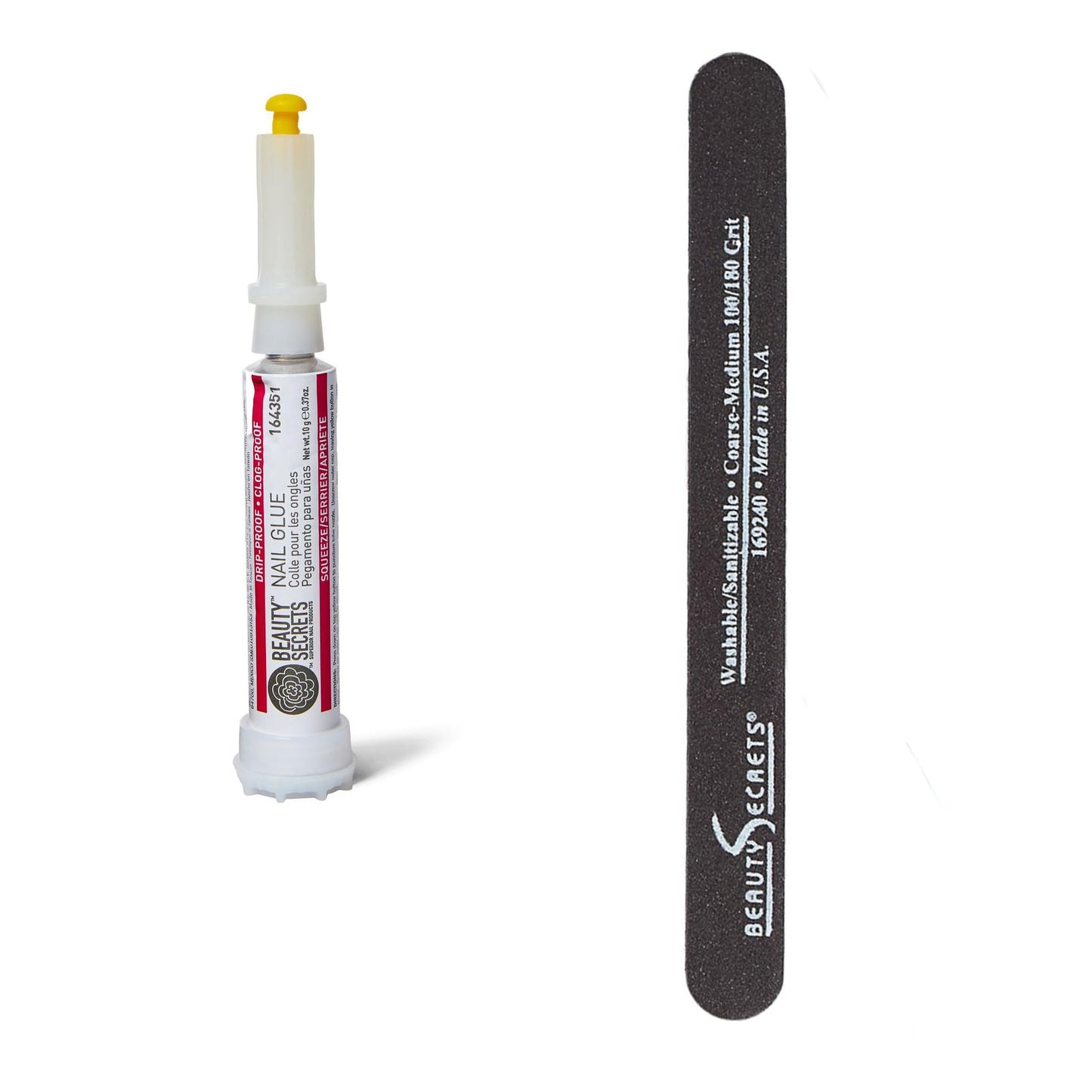 Beauty Secrets Drip & Clog Proof Nail Glue (1 Pack) Bundled with Nail File Black Cushion Medium Coarse 180/100 Grit by Beauty Secrets