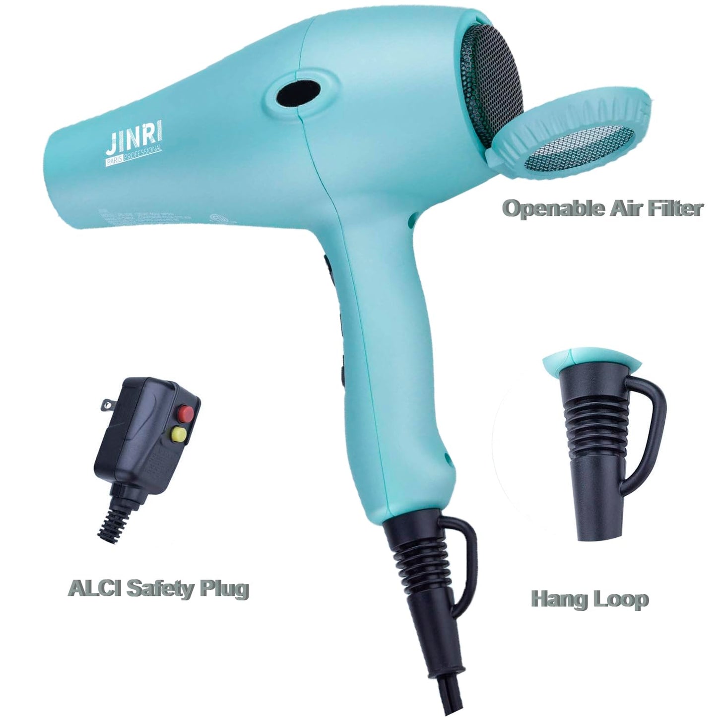 Sèche-cheveux ionique 1875 W, séchage rapide, faible bruit, professionnel, avec diffuseur/concentrateur pour cheveux bouclés et lisses (vert menthe)