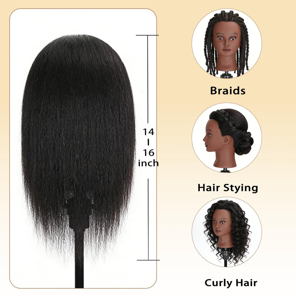 Mannequin Head with 100% Real Human Hair, Cosmetology Training Head for Hair Styling Braiding Cutting Curling, Professional Hairdresser Practice Manikin Head with Free Clamp (A01-Black-16)