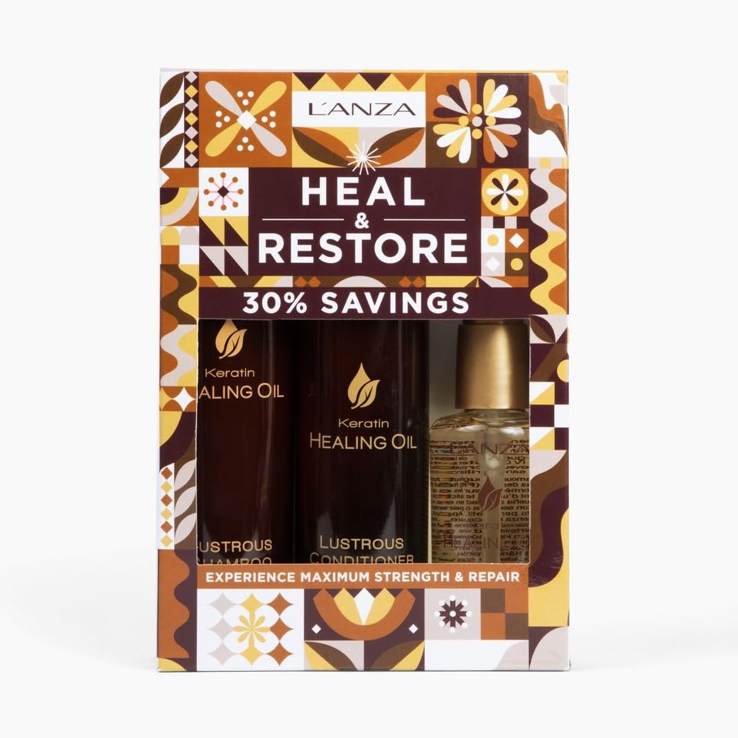 L'ANZA Keratin Healing Oil Trio Hair Kit, Restorative Lustrous Shampoo, Conditioner & Keratin Oil Treatment Serum in a Gift Box, Luxury Hair Care Kit For Dry, Damaged Locks (10.1/8.5/3.4 Fl Oz)