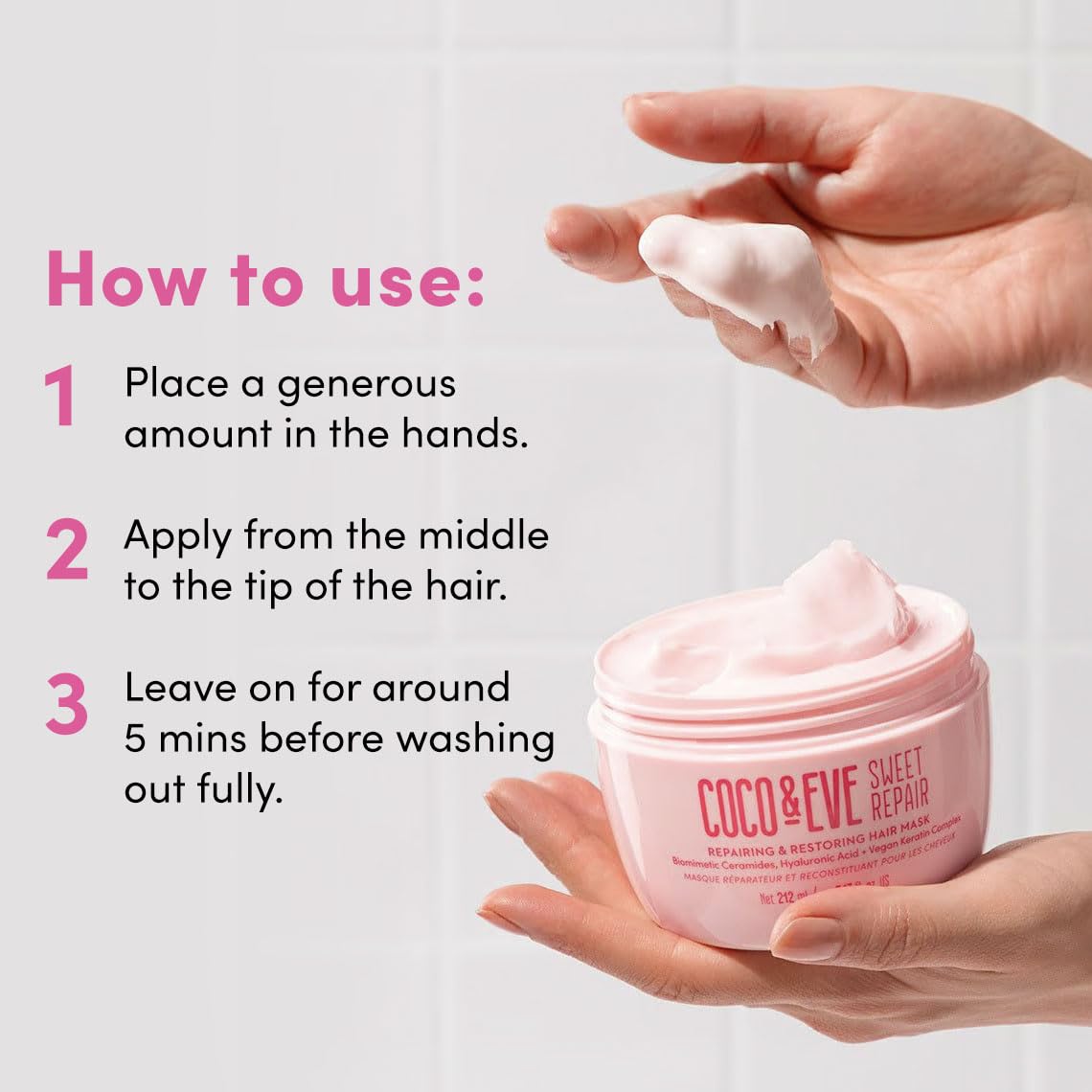 Masque capillaire réparateur et réparateur Sweet Repair de Coco &amp; Eve. Cheveux 85 % plus forts, réduction des dommages capillaires de 65 %. Céramides biomimétiques, acide hyaluronique, kératine vegan. Hydratation et brillance accrues.