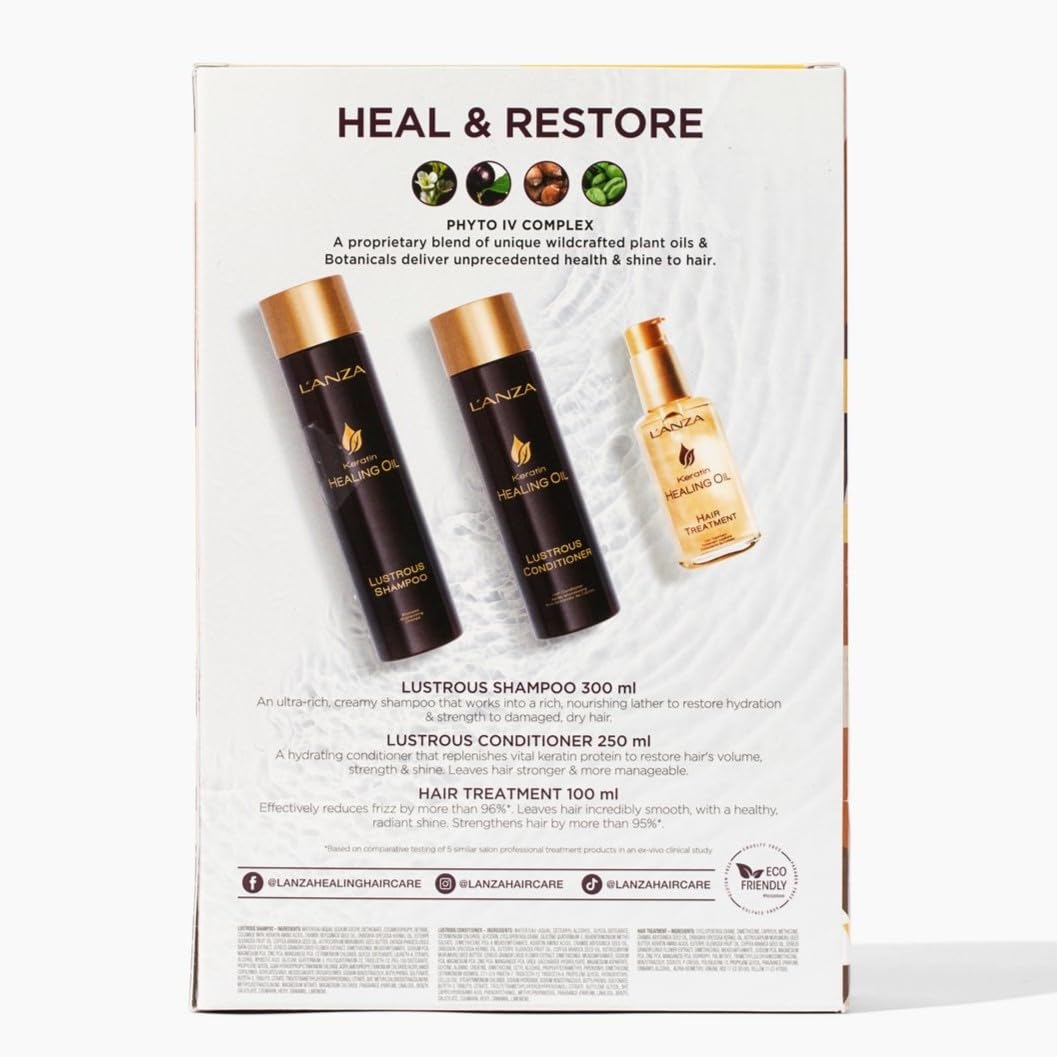 L'ANZA Keratin Healing Oil Trio Hair Kit, Restorative Lustrous Shampoo, Conditioner & Keratin Oil Treatment Serum in a Gift Box, Luxury Hair Care Kit For Dry, Damaged Locks (10.1/8.5/3.4 Fl Oz)