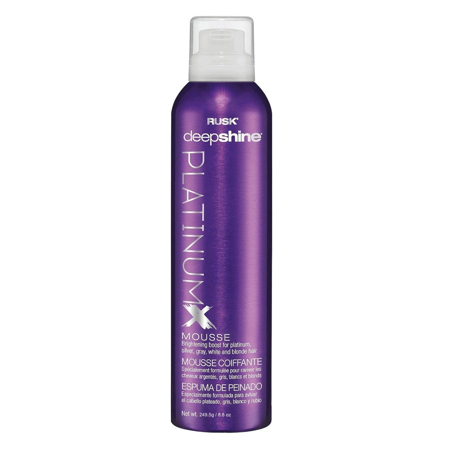Mousse RUSK Deepshine PlatinumX, légère, sans alcool, pour cheveux platine, blonds, gris et argentés, améliore le volume et la texture des cheveux tout en restaurant leur couleur, 250 ml
