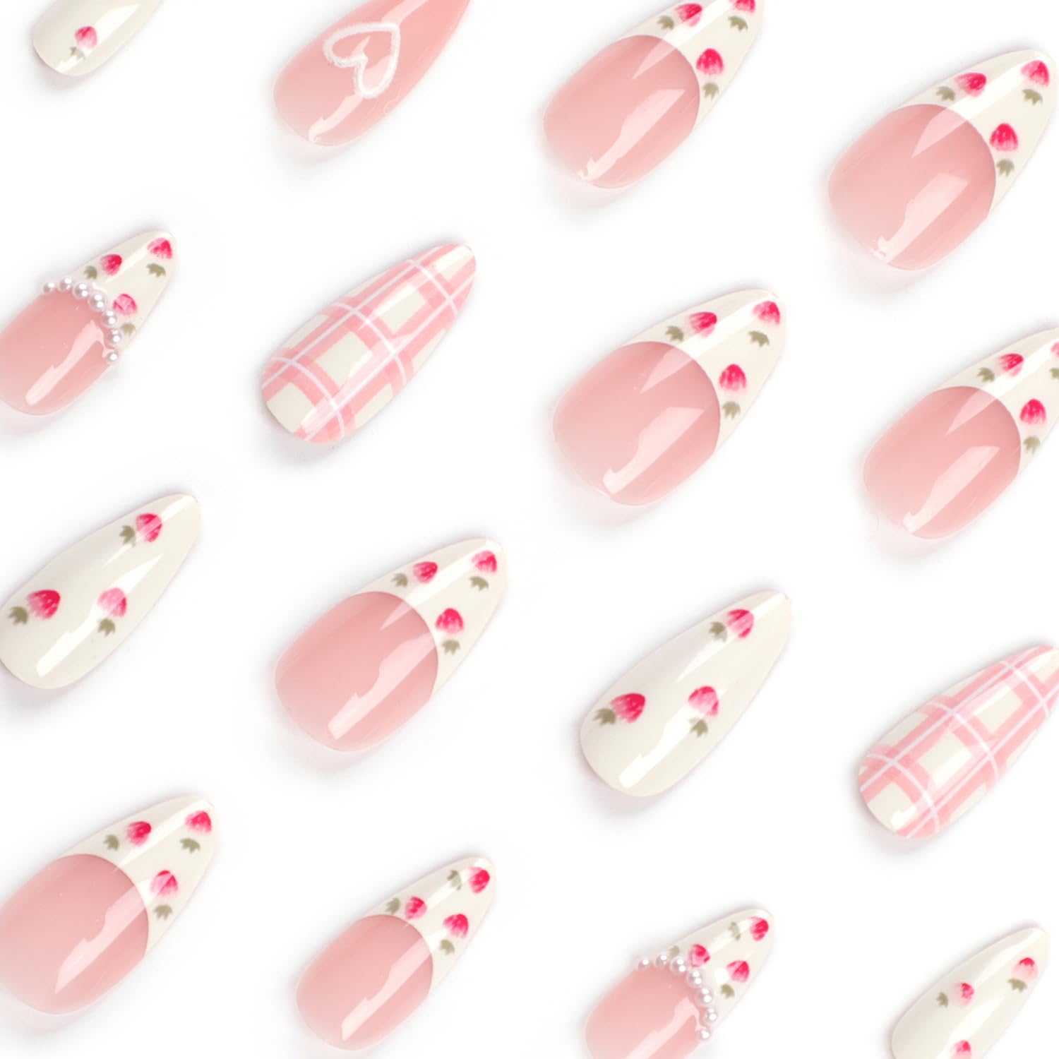 Press On Alcove - Cute Strawberry 3D Love Heart & Pearl Design False Nails: Medium Almond, Artificial Acrylic, Full Coverage, Reusable Coffin, Glue On Nails for Women