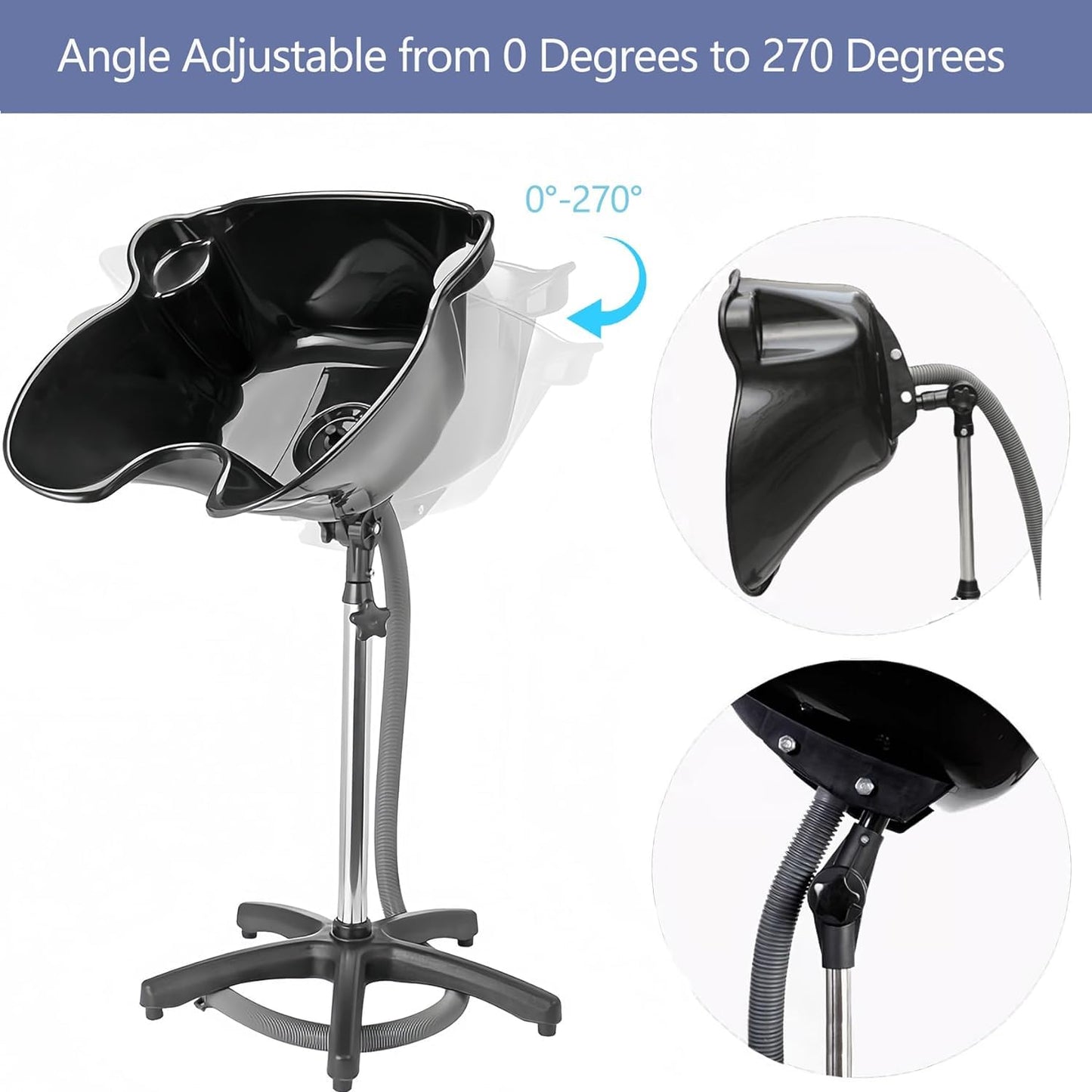 Height Adjustable Portable Shampoo Sink with 270° Rotation, Deep Hair Washing Basin & Drain Hose for Home/Salon - Black