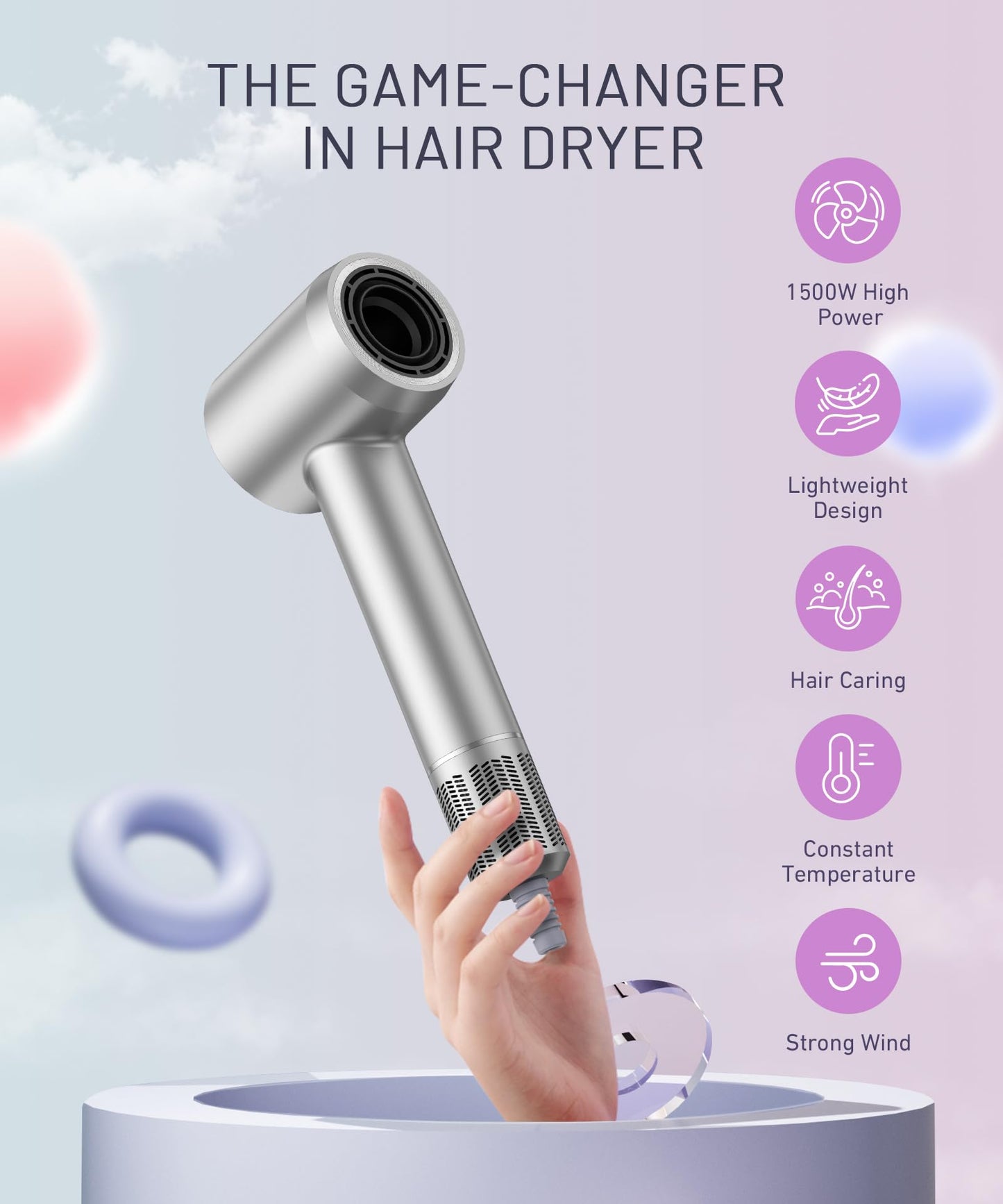 Sèche-cheveux - Moteur sans balais haute vitesse 150 000 tr/min, sèche-cheveux ionique négatif pour un séchage rapide, faible bruit, contrôle thermique, avec diffuseur et buse, argenté