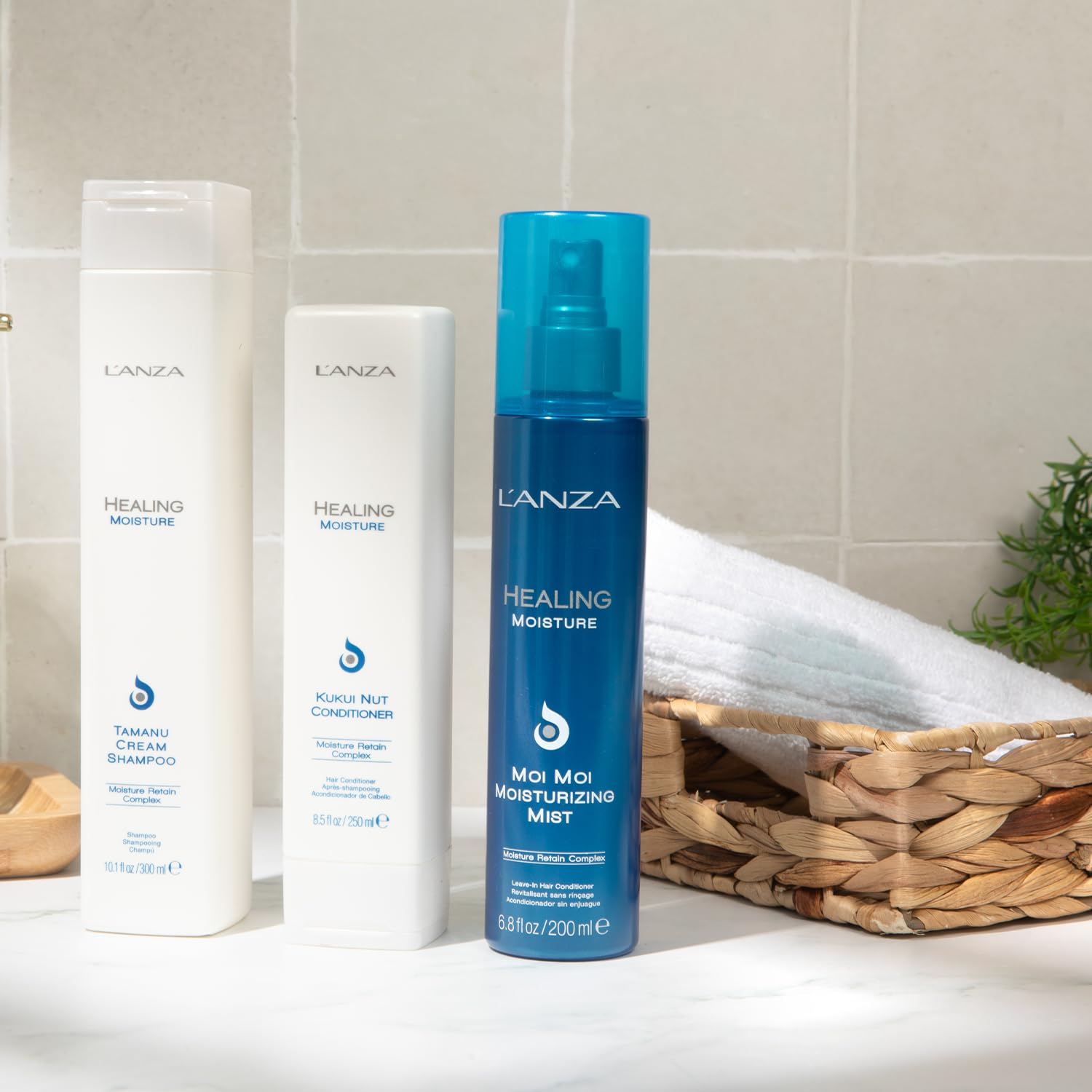 L'ANZA Healing Moisture Trio Hair Kit, Tamanu Cream Shampoo, Kukui Nut Conditioner & Moi Moi Moisturizing Mist Hairspray in a Gift Box, Luxury Hair Care Kit (10.1/8.5/6.8 Fl Oz)