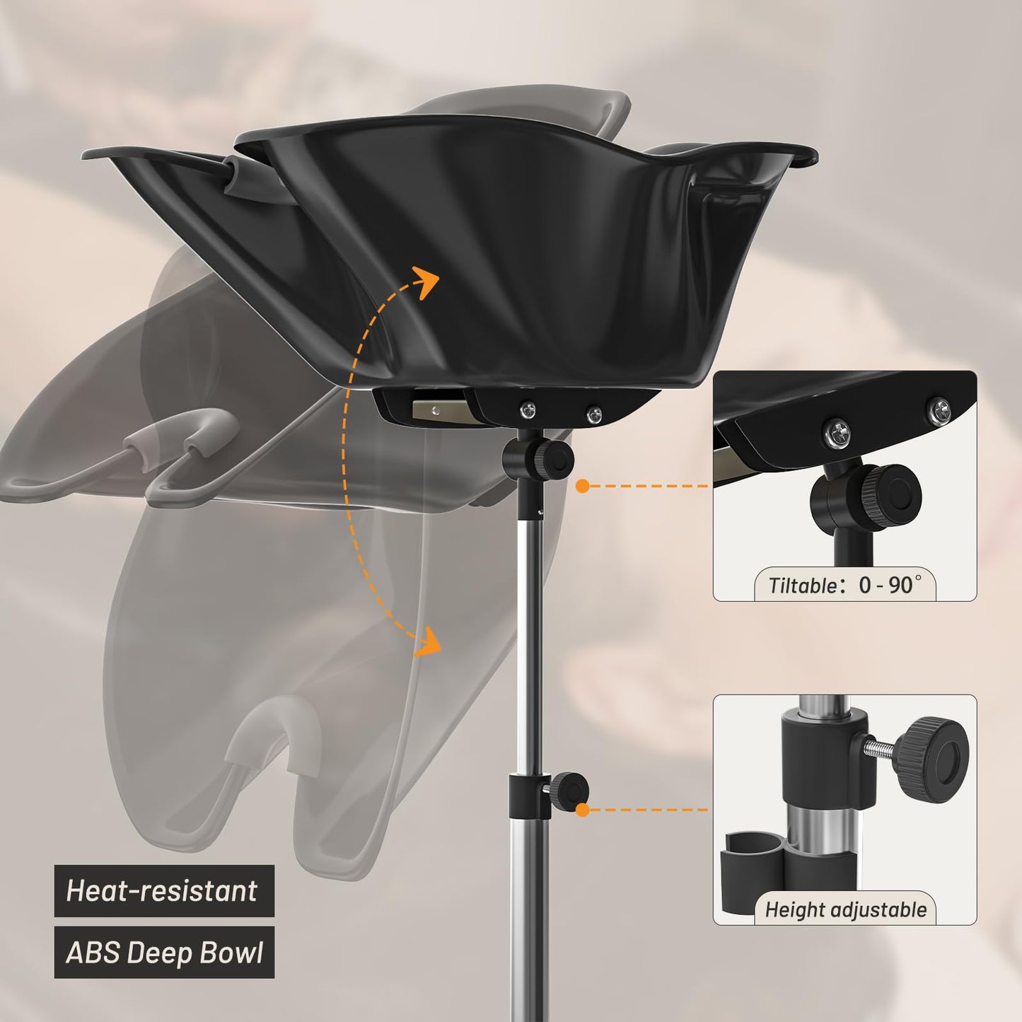 Height Angle Adjustable Portable Shampoo Basin Hair Washing Sink Shampoo Bowl for Home and Salon, 118.11” Drain Hose, Stainless Steel Base, Lockable Wheels