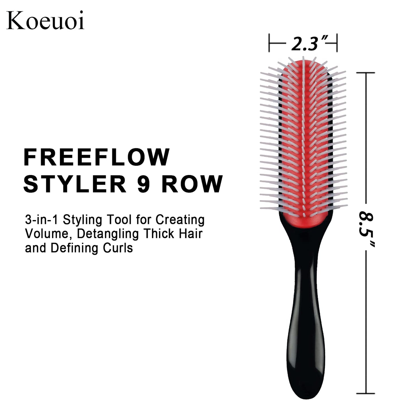 Brosse à cheveux bouclés Koeuoi Classic Styling. Brosse noire à 9 rangs pour démêler, séparer et modeler. Pour femmes et hommes, cheveux secs ou mouillés.