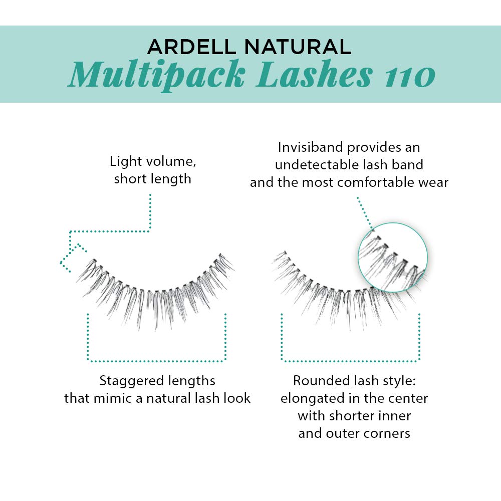 Ardell Natural Multipack False Eyelashes 110 - Black, Lightweight Lashes for Everyday Wear, Comfortable Invisiband Strip Lashes, 2 Pack
