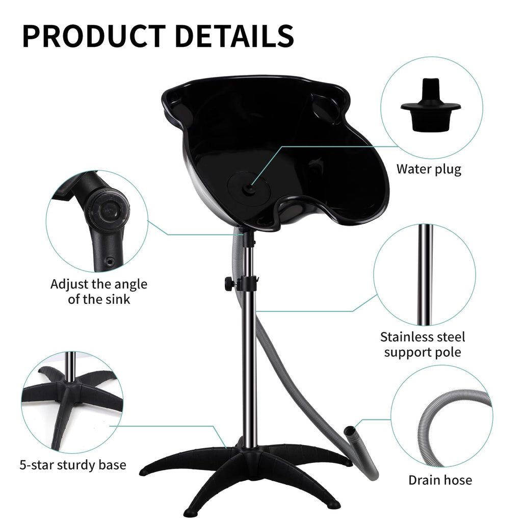 Portable Shampoo Bowl, Shampoo Basin Salon Sink with 1.5m Drain Pipe, Height & Angle Adjustable, Standing Deep Shampoo Bowl for Home/Salon Hair Washing and Cutting, Black