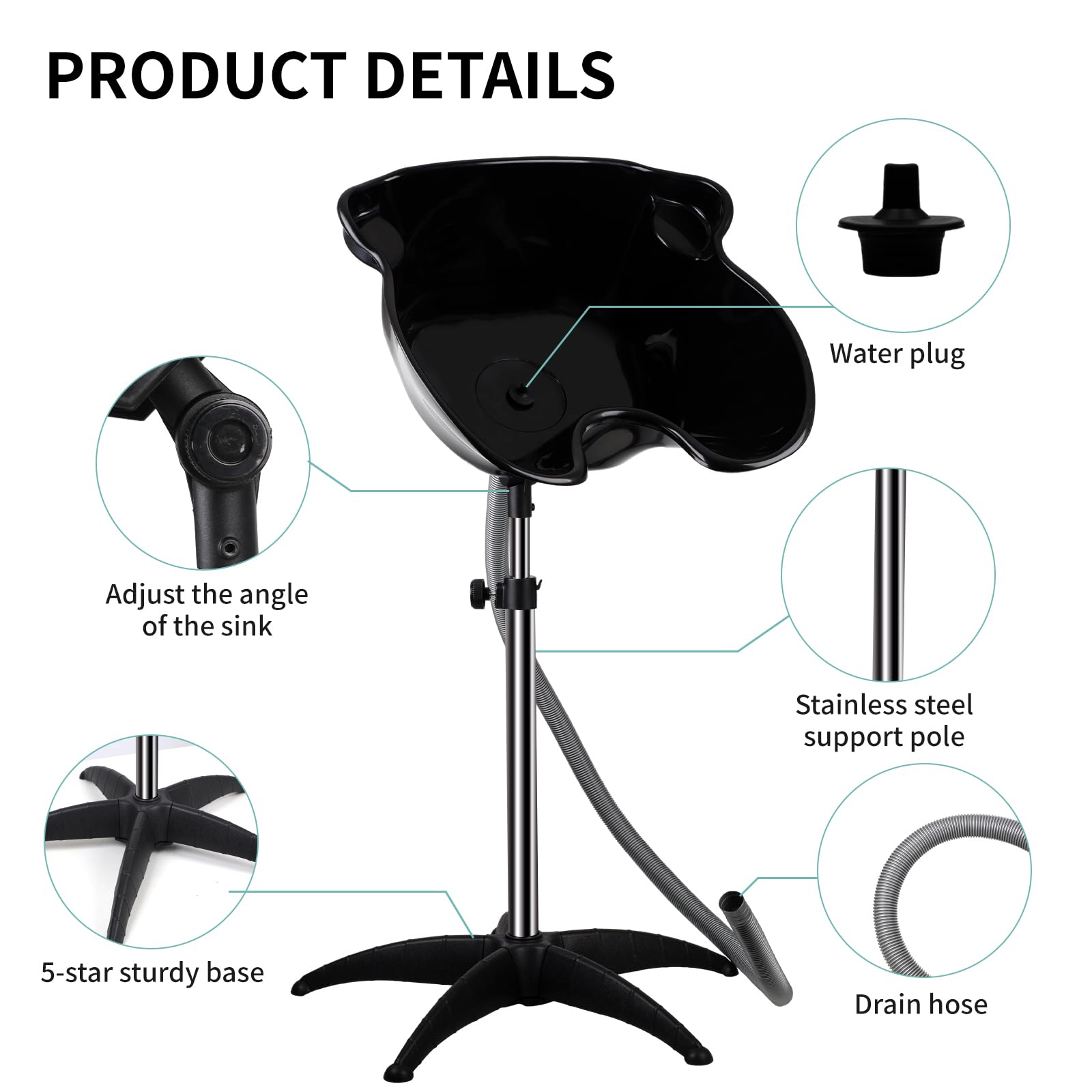 Portable Shampoo Bowl, Shampoo Basin Salon Sink with 1.5m Drain Pipe, Height & Angle Adjustable, Standing Deep Shampoo Bowl for Home/Salon Hair Washing and Cutting, Black