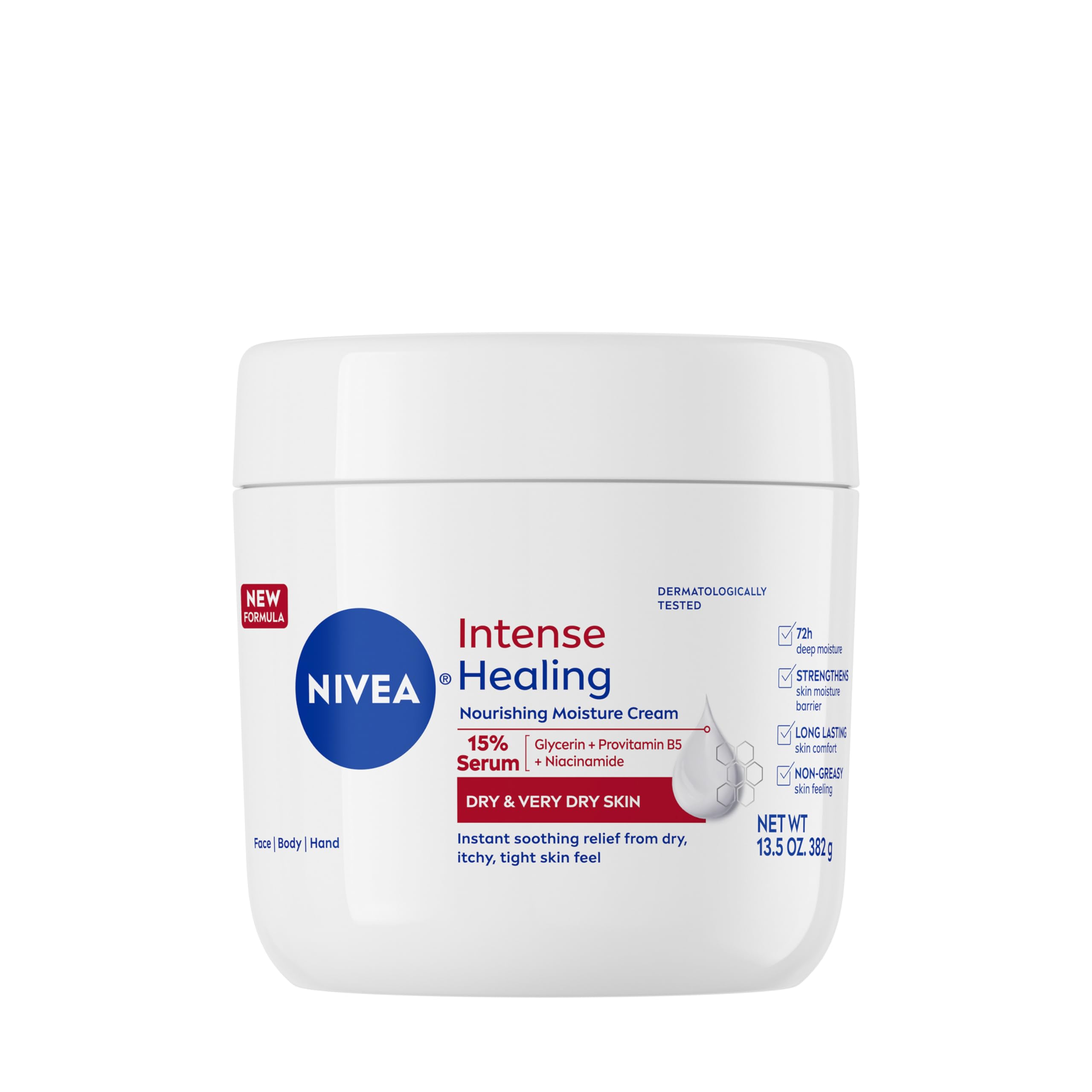 NIVEA Intense Healing Body Cream for Dry Skin with Glycerin, Provitamin B5 and Niacinamide, 72-Hour Moisture, Non-Greasy Body Moisturizer Immediately Soothes Dry, Itchy Skin Feeling, 13.5 Oz Jar