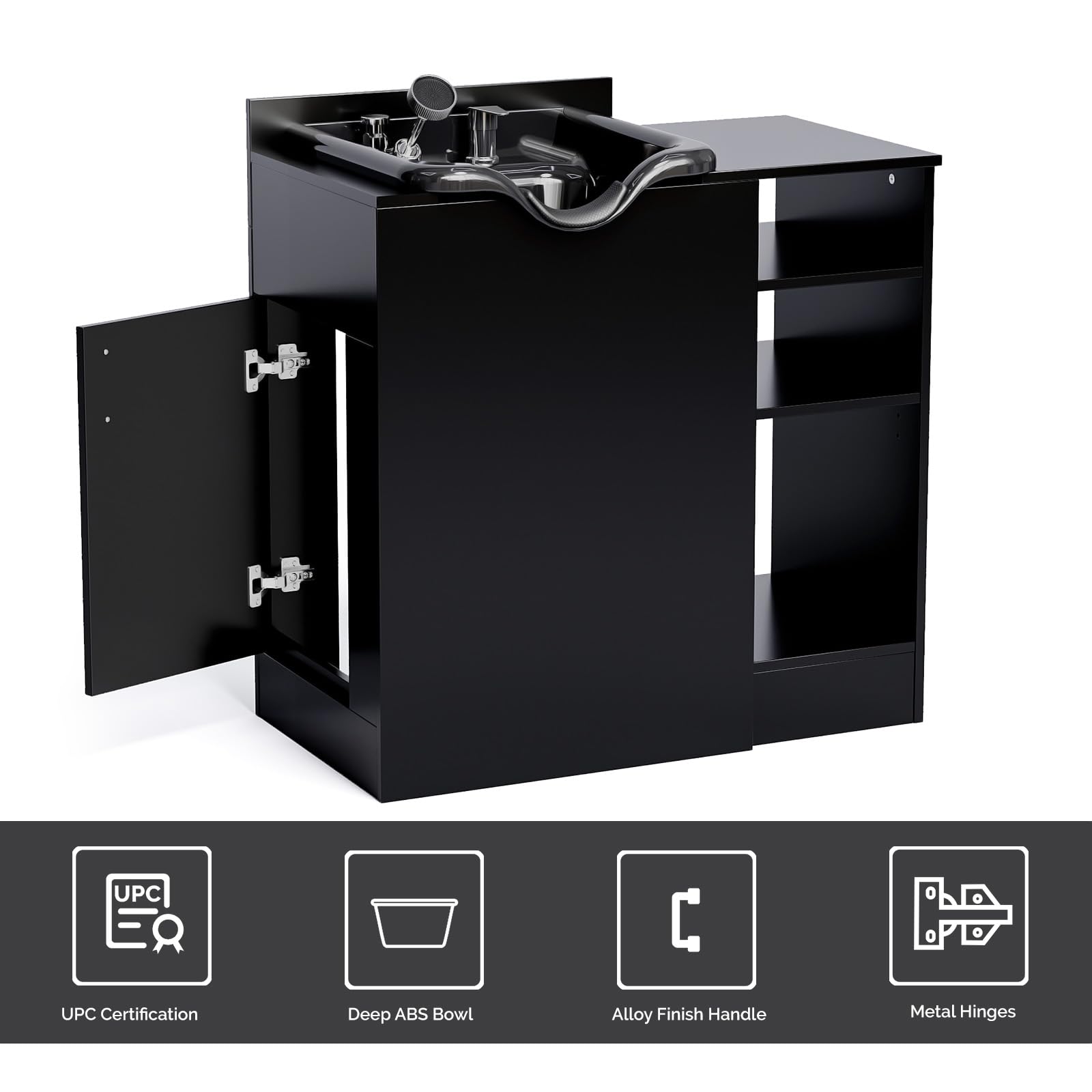 White Smoke OmySalon Salon Station, Barber Station for Hair Stylist, Storage Cabinet with Shampoo Bowl, Drawer, Backwash Sink, UPC Certified Sprayer Faucet, for Beauty Salon Spa, Black