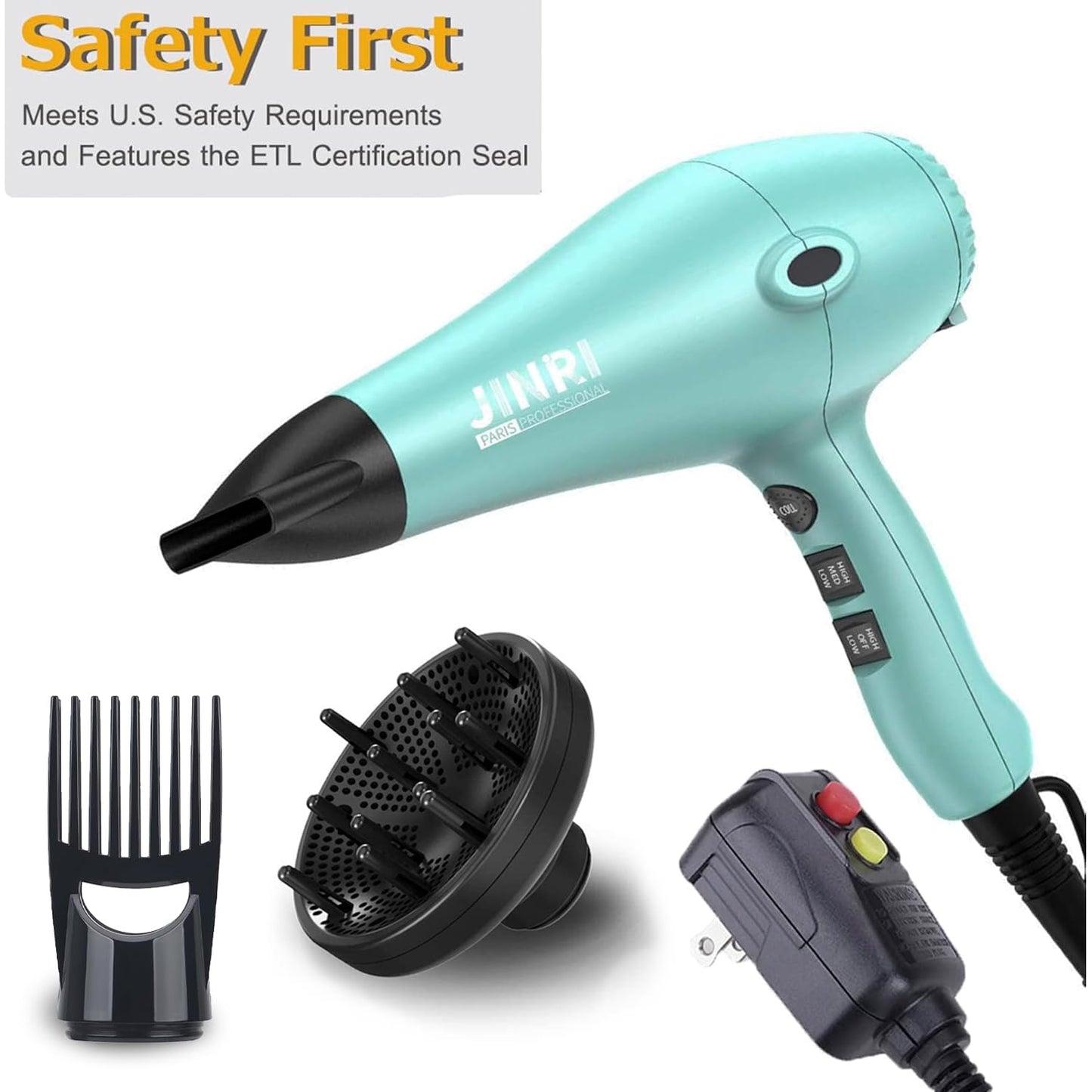 Sèche-cheveux ionique 1875 W, séchage rapide, faible bruit, professionnel, avec diffuseur/concentrateur pour cheveux bouclés et lisses (vert menthe)