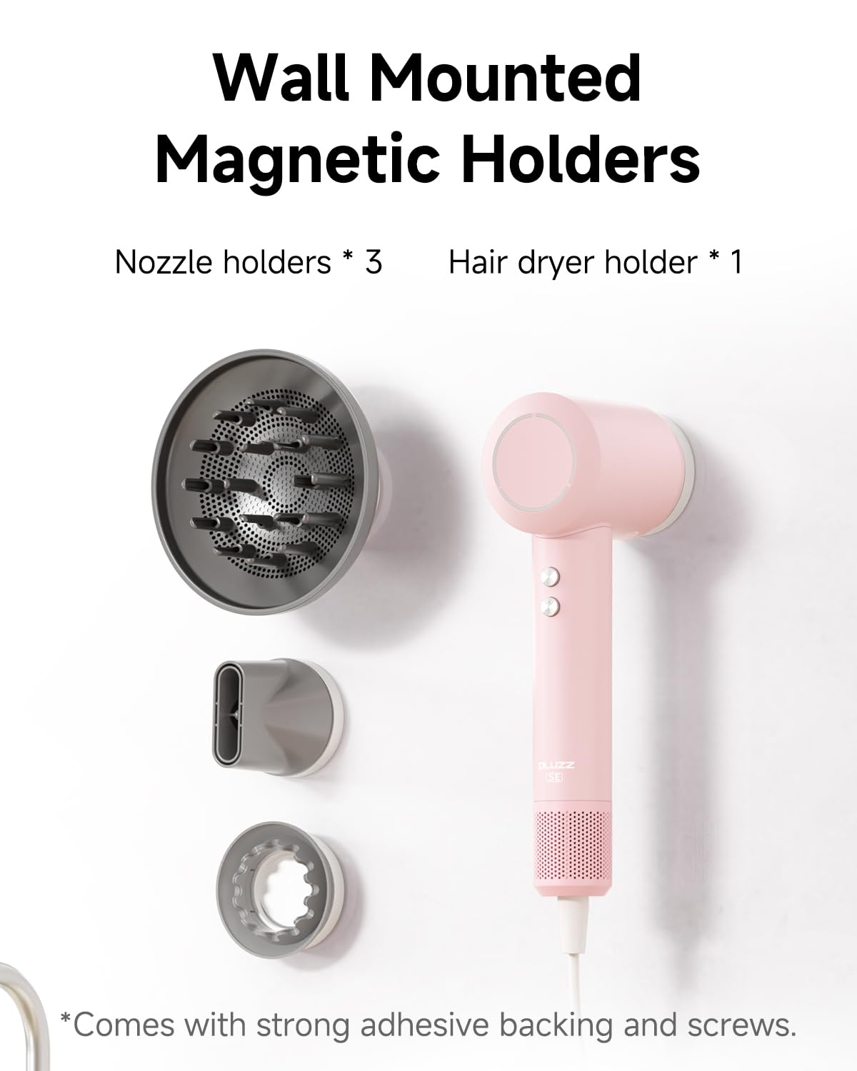 Ensemble de sèche-cheveux Pluzz, rose, 110 000 tr/min, 1 600 W, haute vitesse, pour femmes et enfants, séchage rapide, faible bruit, ionique, avec diffuseur, pour cheveux bouclés, petit et léger, pour la maison et les voyages.