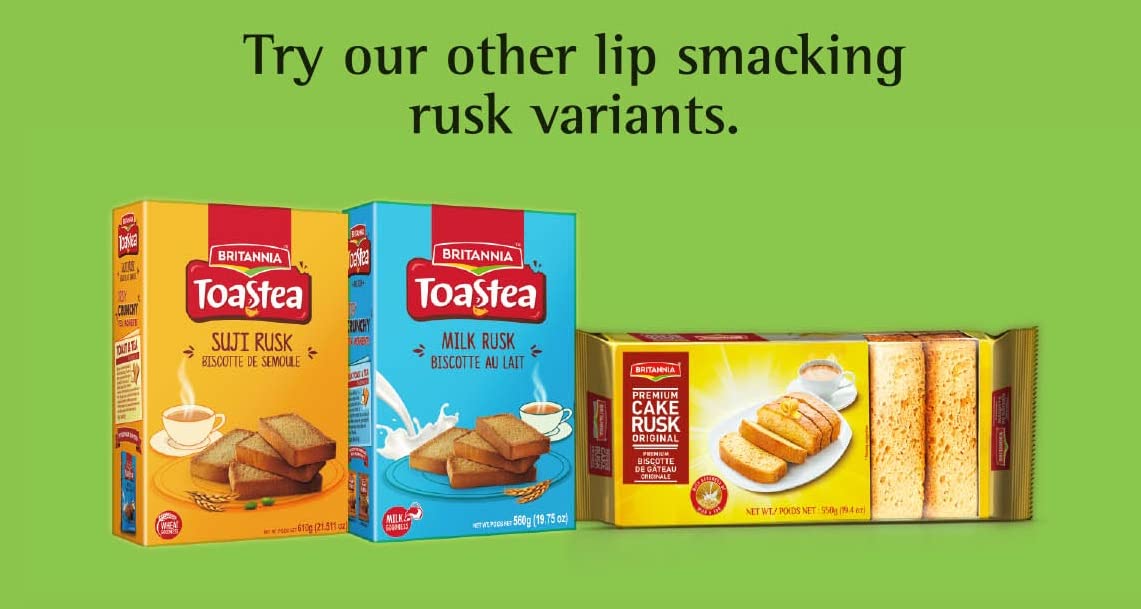 Yellow Green BRITANNIA Toastea Eggless Rusk Cake 19.40oz (550g) - Delightfully Smooth, Soft, and Delicious Cake - Breakfast & Tea Time Snacks (Pack of 4)
