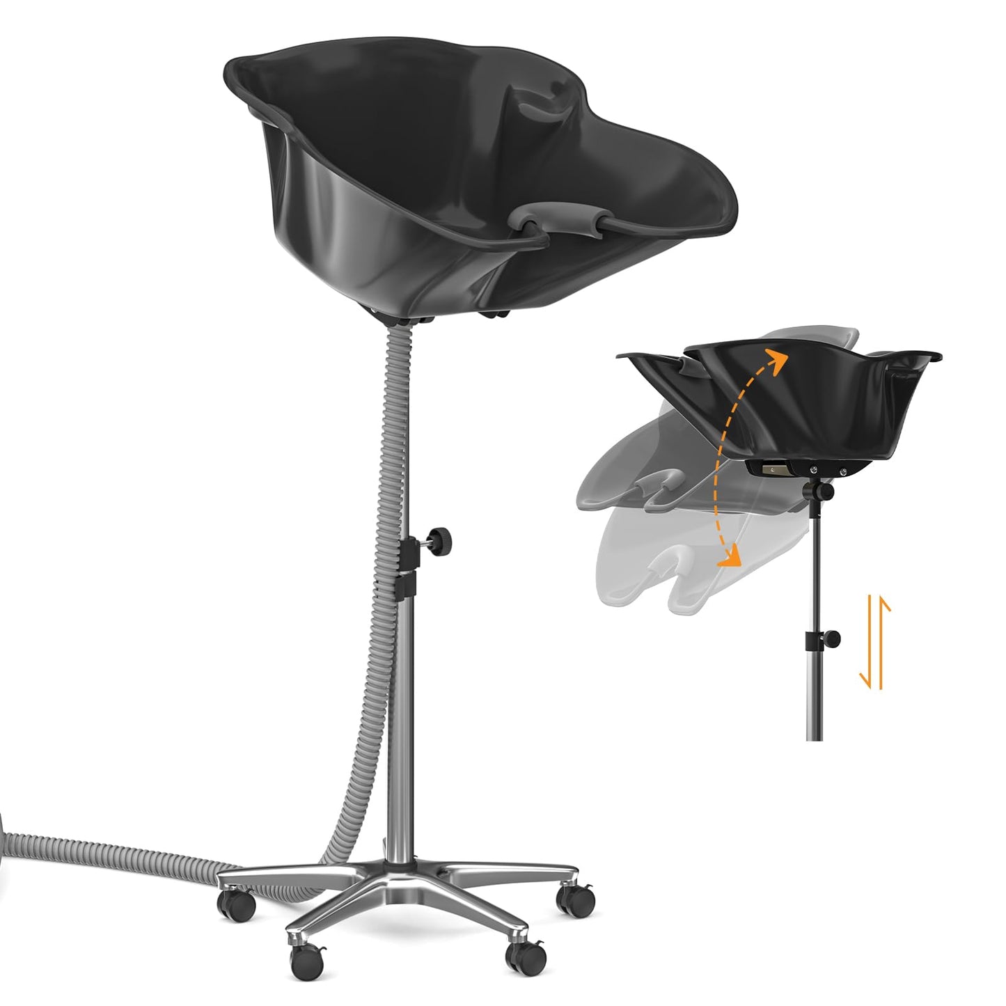 Height Angle Adjustable Portable Shampoo Basin Hair Washing Sink Shampoo Bowl for Home and Salon, 118.11” Drain Hose, Stainless Steel Base, Lockable Wheels