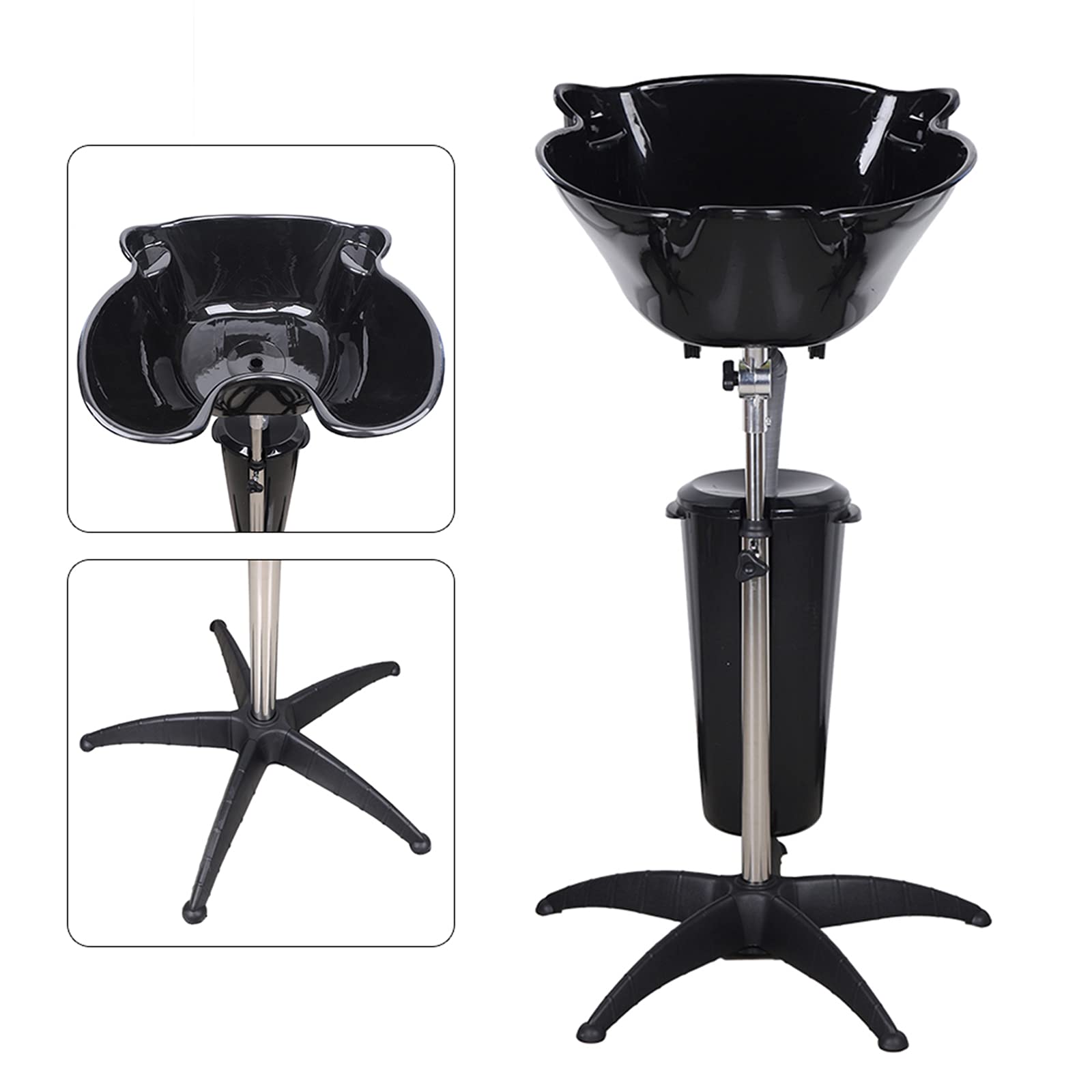 HinLIaDa Portable Shampoo Bowl, Height-Adjustable Hair Washing Sink, Salon Deep Shampoo Basin Sink for Washing Hair, Barber Salon Spa Beauty Sink Equipment Unit with Drain Pipe and Bucket (Black)