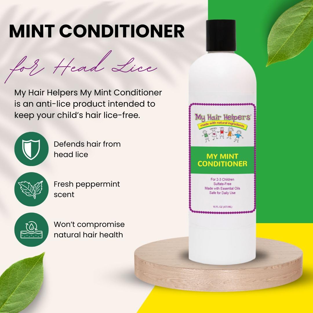 My Hair Helpers Lice Prevention Conditioner, Mint, Neem, Rosemary and Tea Tree Oil, Sulfate-Free, 16 Ounces, Works for 2-3 Kids