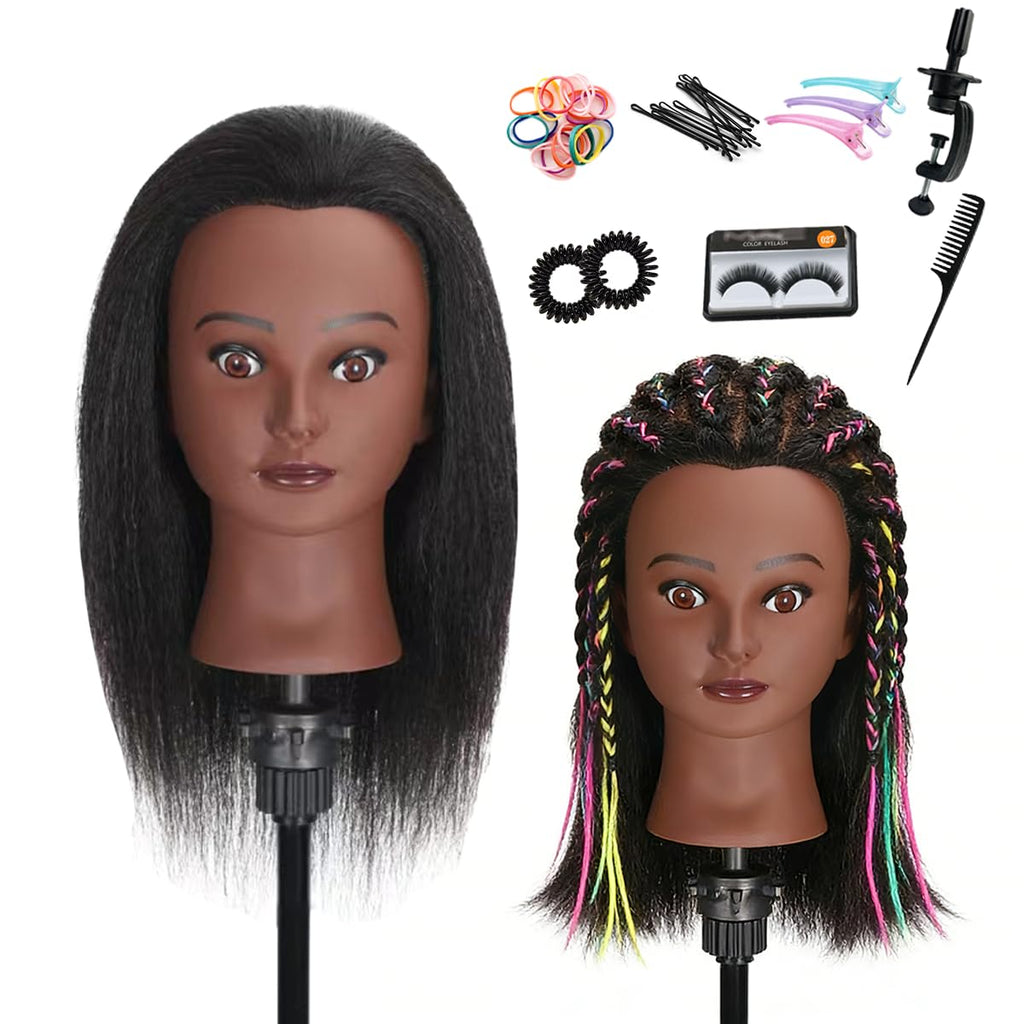 Mannequin Head with 100% Real Human Hair, Cosmetology Training Head for Hair Styling Braiding Cutting Curling, Professional Hairdresser Practice Manikin Head with Free Clamp (A01-Black-16)