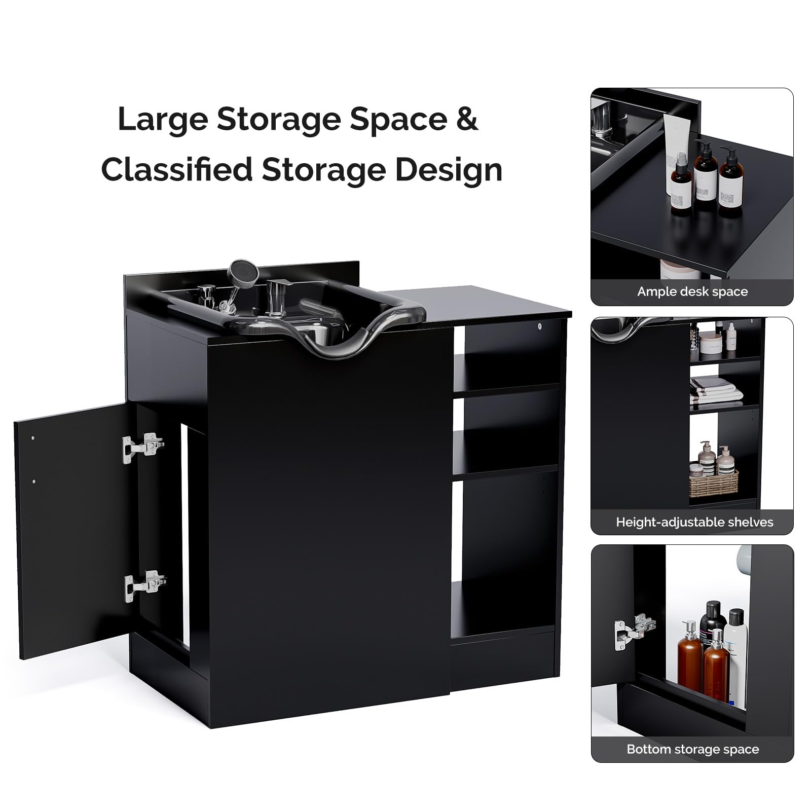 White Smoke OmySalon Salon Station, Shampoo Bowl with Cabinet, Freestanding Backwash Sink with Adjustable Shelf, UPC Certified Faucet, for Spa Beauty, Barber, Home, Black
