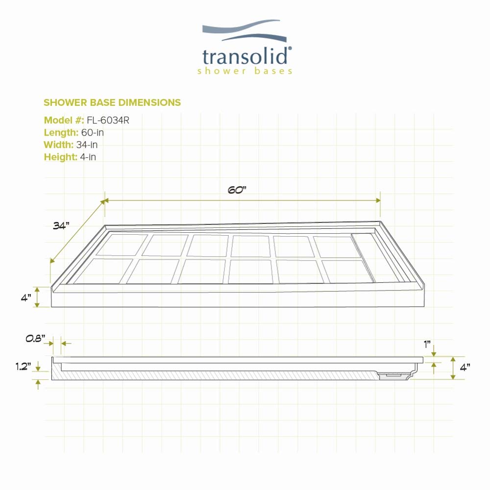Transolid FL6034R-39 Linear 60-in W x 34-in L Rectangular Alcove Concealed End Drain Shower Base with Right Hand Drain, Grey