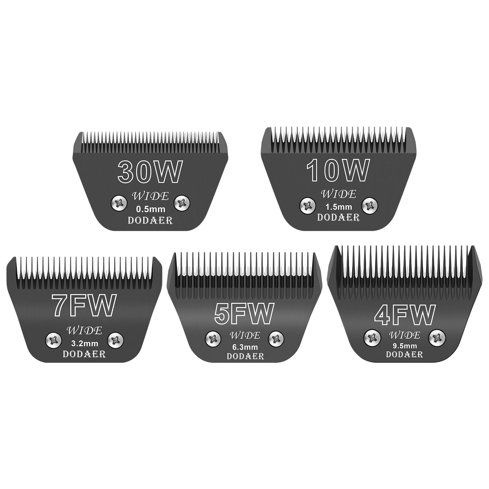 DODAER 30W+10W+7FW+5FW+4FW Wide Blades for Dog Grooming,Compatible with Andis,Oster A5,Wahl km10 Clippers,Cutting Length 1/50" to 3/8",5 Pack(Black)