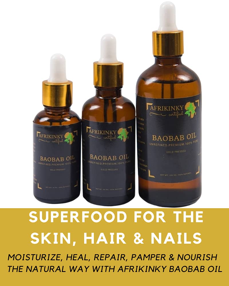 AFRIKINKY BAOBAB OIL Unrefined Cold Pressed Premium Fresh (50ml) 100% Pure For Skin Hair Nails Massage | Africa's Best Beauty Oil