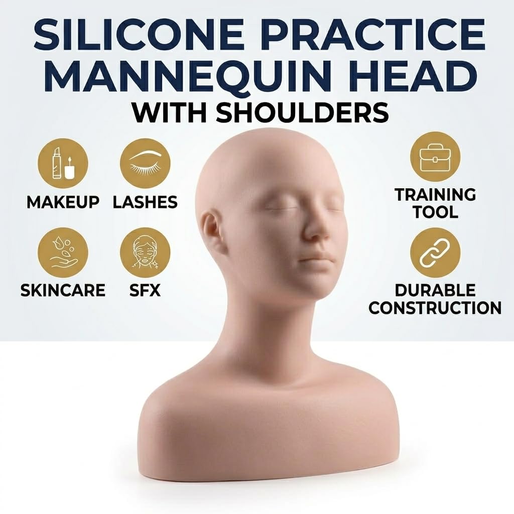 White Smoke Lwuey Multi Function Makeup Practice Model, Esthetics Soft Mannequin Head with Shoulders Massage Wig Hat Display Silicone PVC Skin Texture Facial Practicing for Salons Cosmetology School Students
