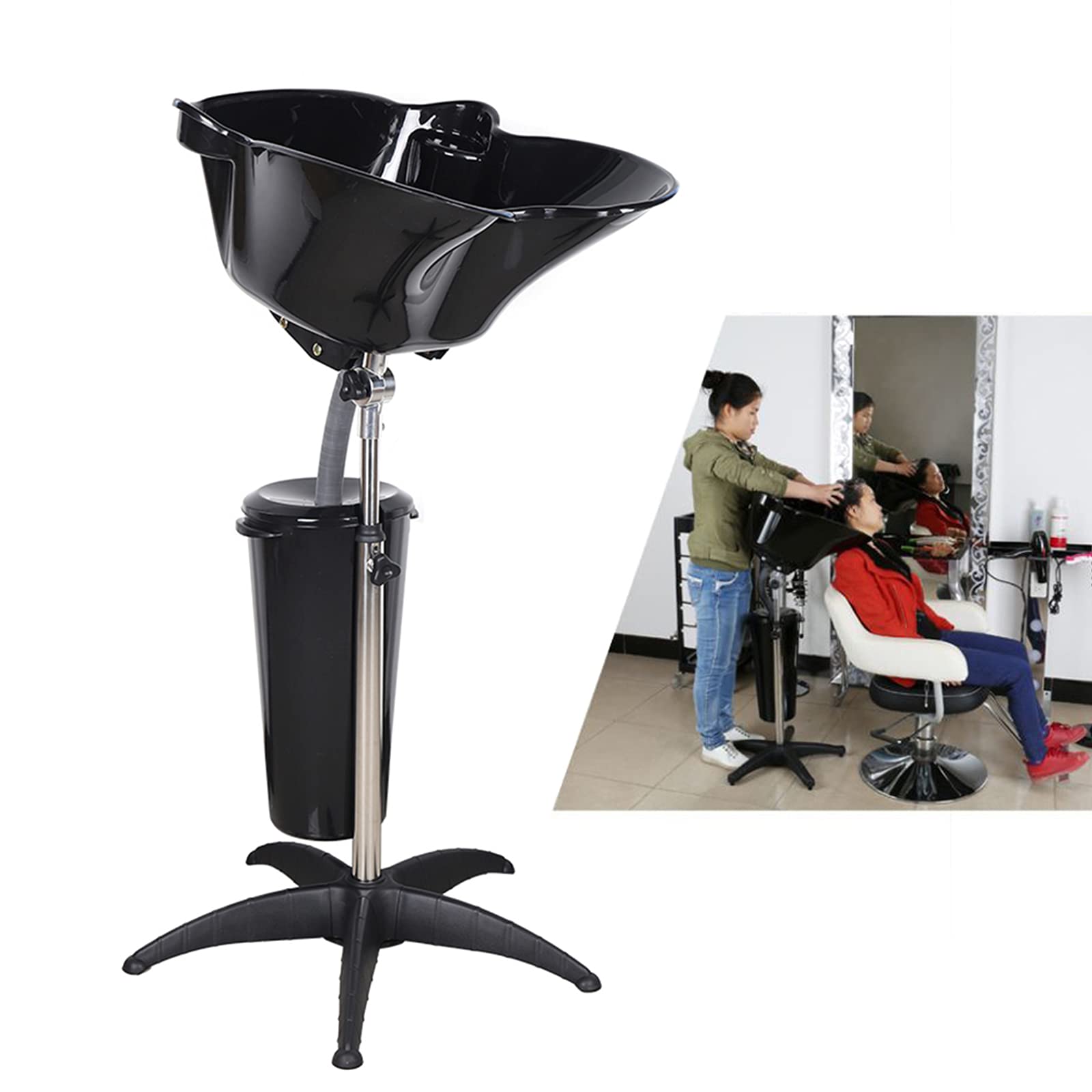HinLIaDa Portable Shampoo Bowl, Height-Adjustable Hair Washing Sink, Salon Deep Shampoo Basin Sink for Washing Hair, Barber Salon Spa Beauty Sink Equipment Unit with Drain Pipe and Bucket (Black)
