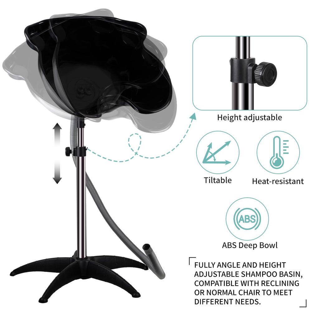 Portable Shampoo Bowl, Shampoo Basin Salon Sink with 1.5m Drain Pipe, Height & Angle Adjustable, Standing Deep Shampoo Bowl for Home/Salon Hair Washing and Cutting, Black