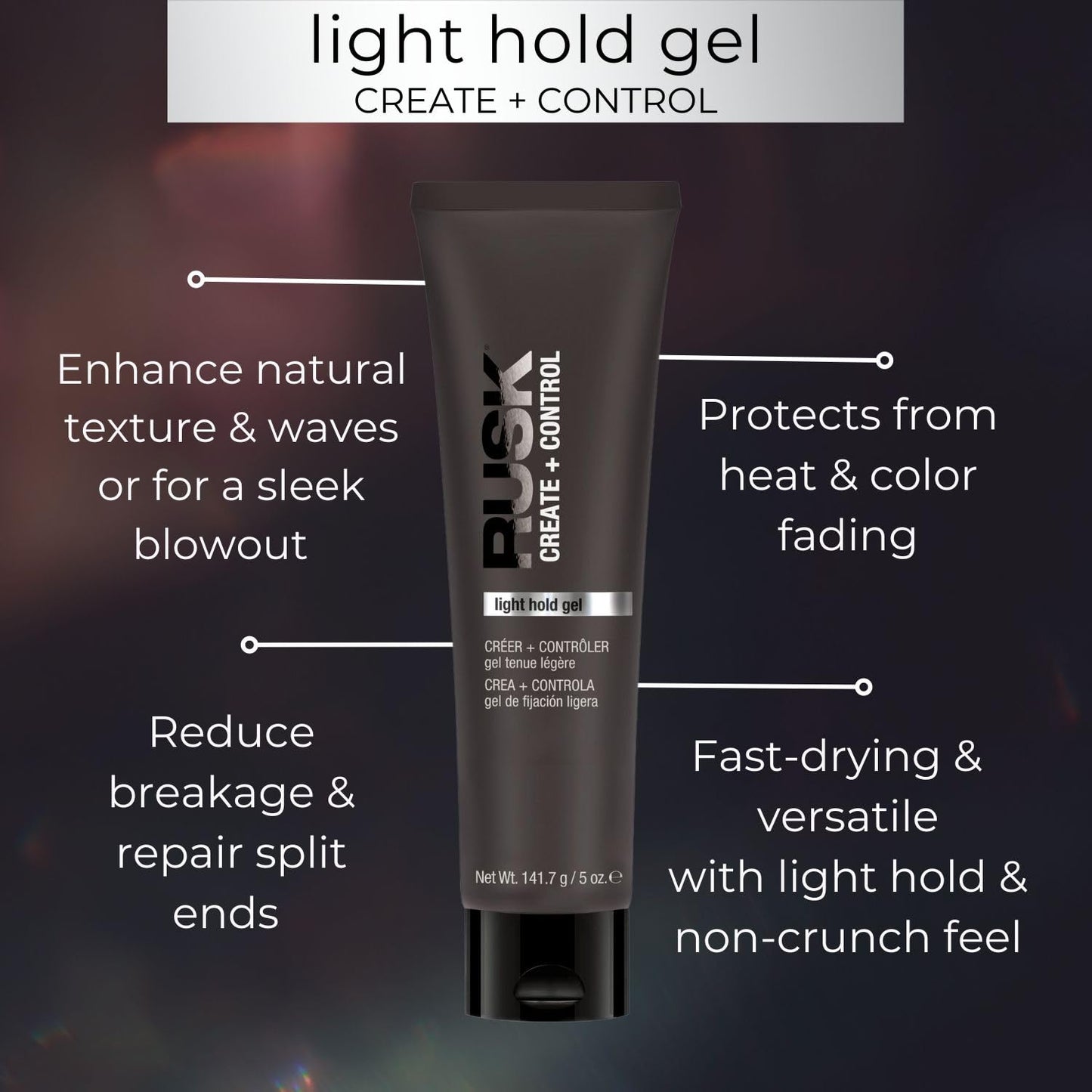 Gel tenue légère RUSK, Create + Control, pour tous types de cheveux et tous les styles, 5 oz