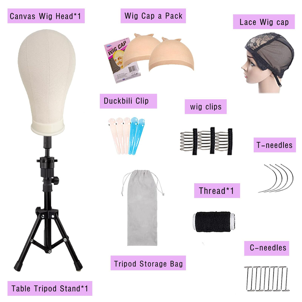 LUNGCYX 23Inch Wig Stand Tripod,Canvas Wig Head Stand Mannequin Head Foldable Wig Stand Set for Making Display with Table Clamp,Wig Cap & T Pins