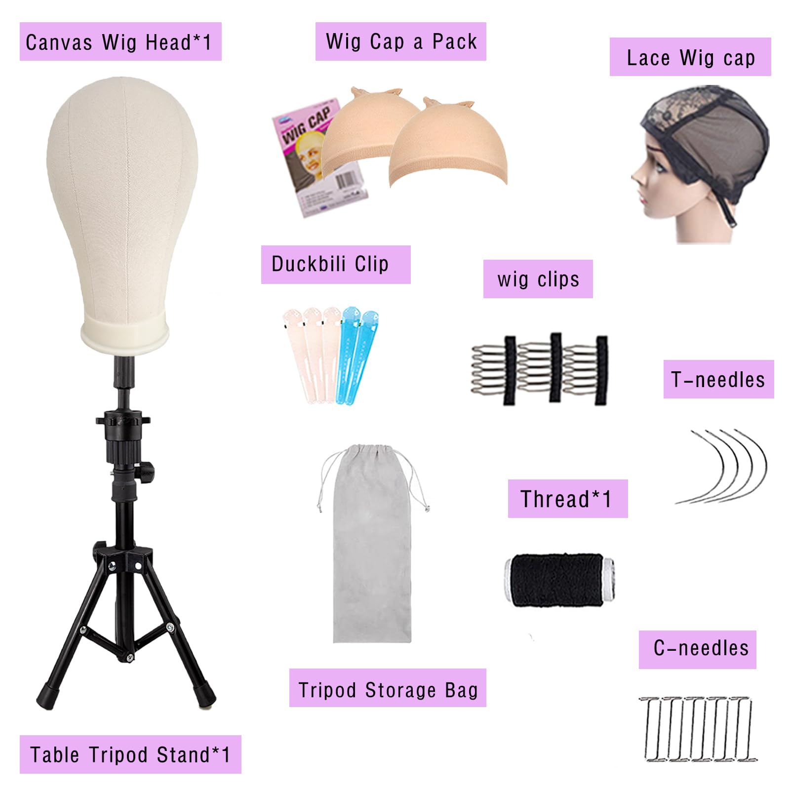 LUNGCYX 23Inch Wig Stand Tripod,Canvas Wig Head Stand Mannequin Head Foldable Wig Stand Set for Making Display with Table Clamp,Wig Cap & T Pins