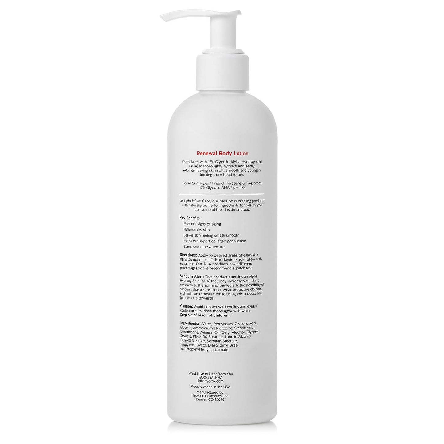 Lotion revitalisante pour le corps Alpha Skin Care avec 12 % d'AHA glycolique, hydratant quotidien multi-usages simple et efficace, hydrate et exfolie avec anti-âge, 12 oz