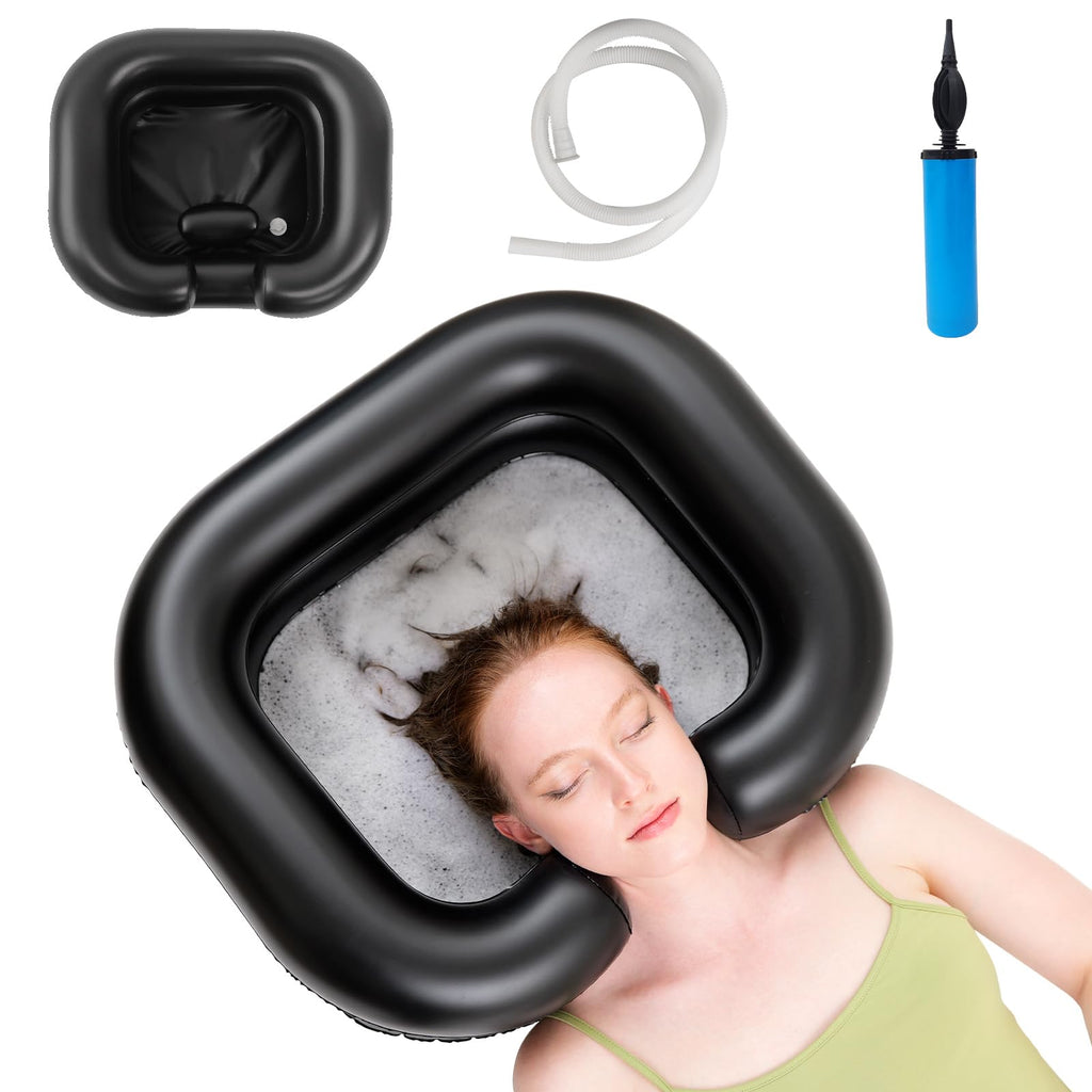 Inflatable Shampoo Basin, Portable Shampoo Bowl with Neck Support and Drain Hose for bedridden People, Portable Shampoo Sink for The Elderly, Disabled, Pregnant Women, Injured People (Black)
