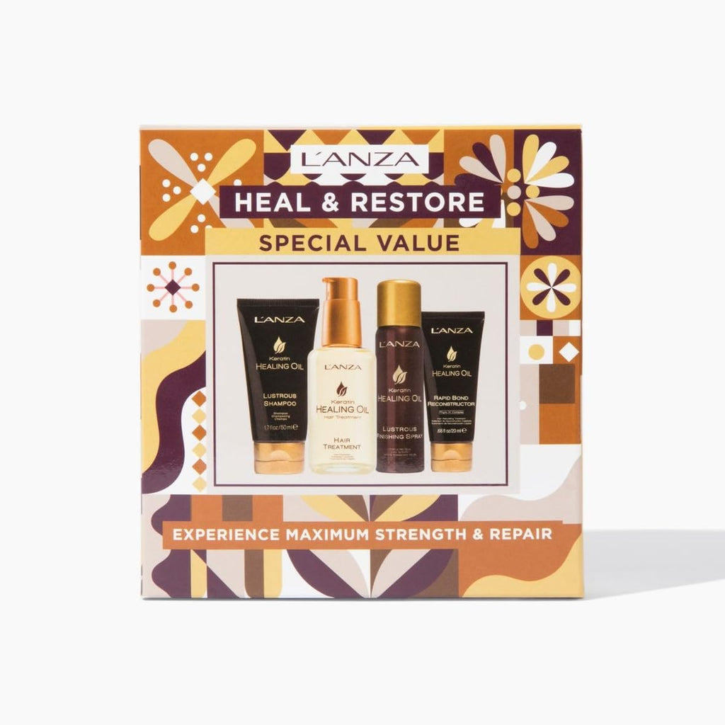 L'ANZA Keratin Healing Oil Sampler Hair Kit, Keratin Hair Oil Treatment with Travel Size Shampoo, Finishing Hair Spray & Rapid Bond Reconstructor Hair Care Kit in a Gift Box(1.7/2/0.68 Fl Oz)