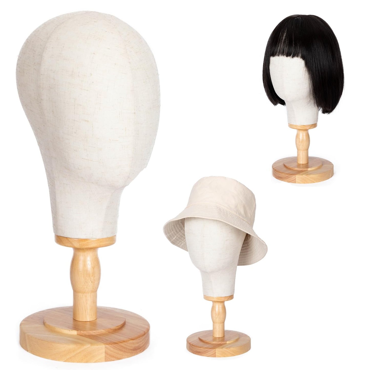 White Smoke koskusder White Canvas Mannequin Head Stand with Detachable Wood Base for Wigs Linen Dome Model Mannequin Head with Wooden Stand for Caps, Headdress, Wig Making