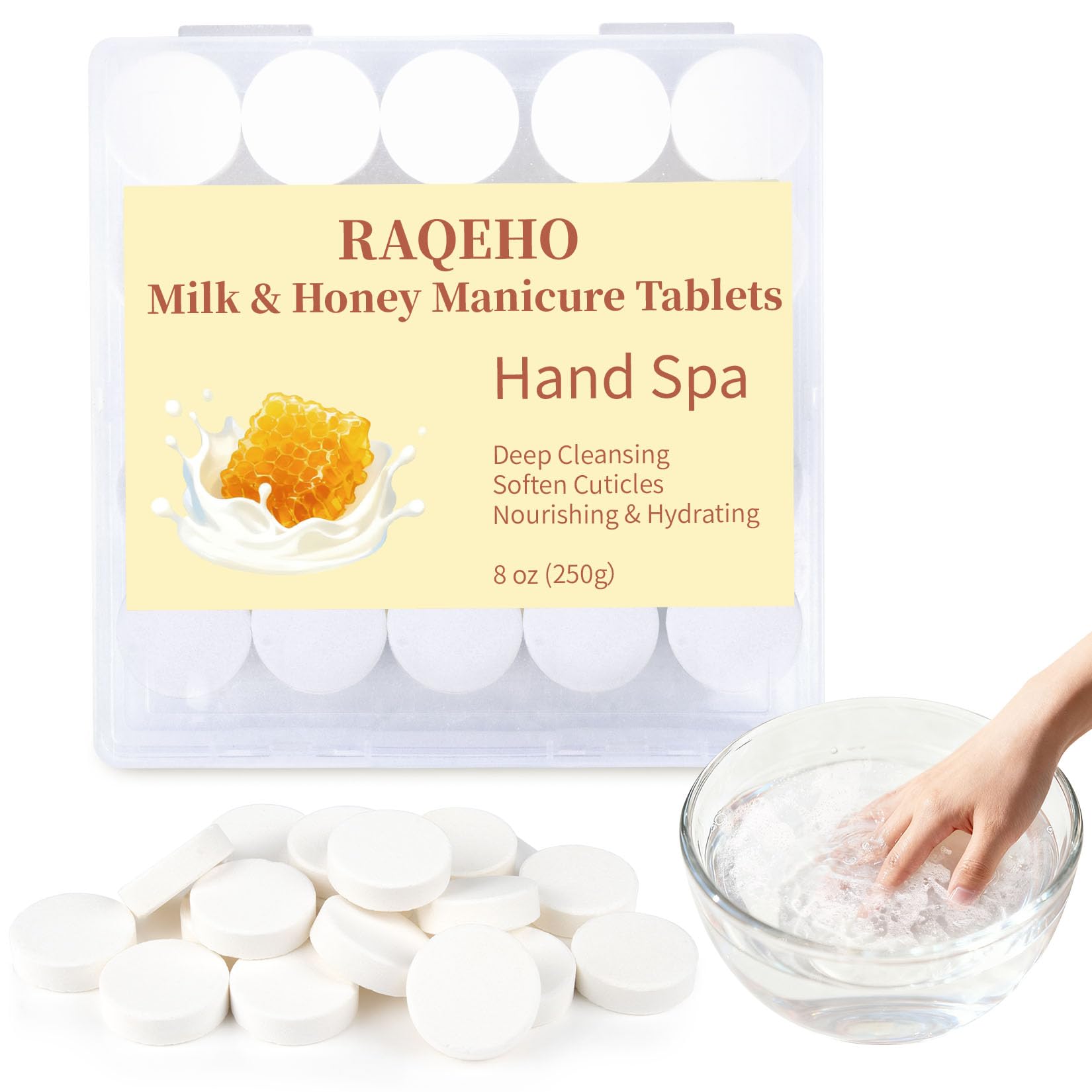 RAQEHO Manicure Spa Tablets 8oz - Milk & Honey Soak Balls, Moisturizing Tablets, Cuticle Softener for Foot and Hand Soak Pedicure Spa Supplies Manicure Tools Nail Salon & Tavel Esenntial（40count）