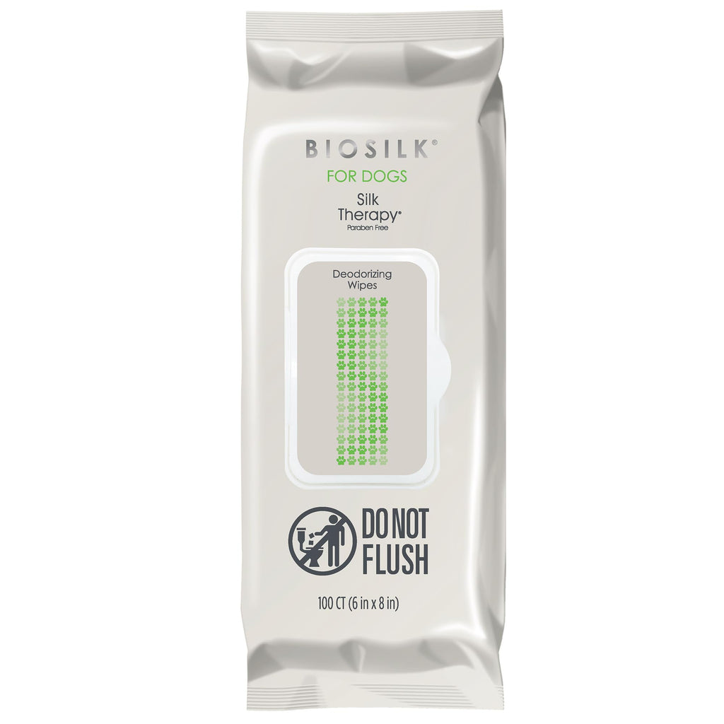 BioSilk for Dogs Deodorizing Wipes, Infused with Silk Proteins and Vitamin E - Wipes that Clean, Deodorize Between Baths, pH Balanced, Gentle Natural Formula, 100 Count