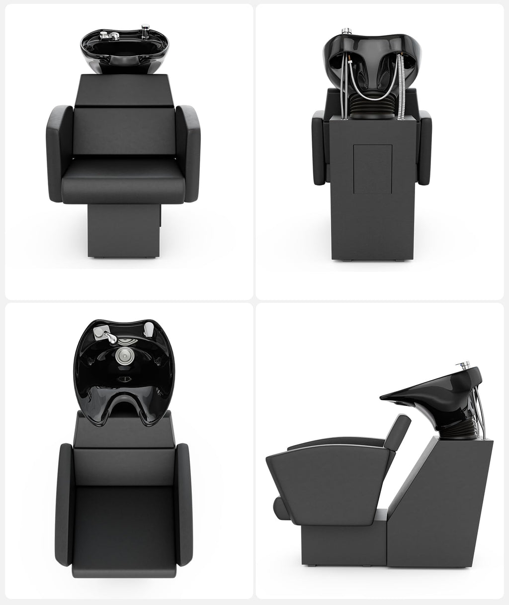 Icoget Shampoo Bowl and Chair Set for Salon, Deep Porcelain Tilting Salon Sinks for Hair Stylist, Backwash Shampoo Stations for Barber,Home, Black