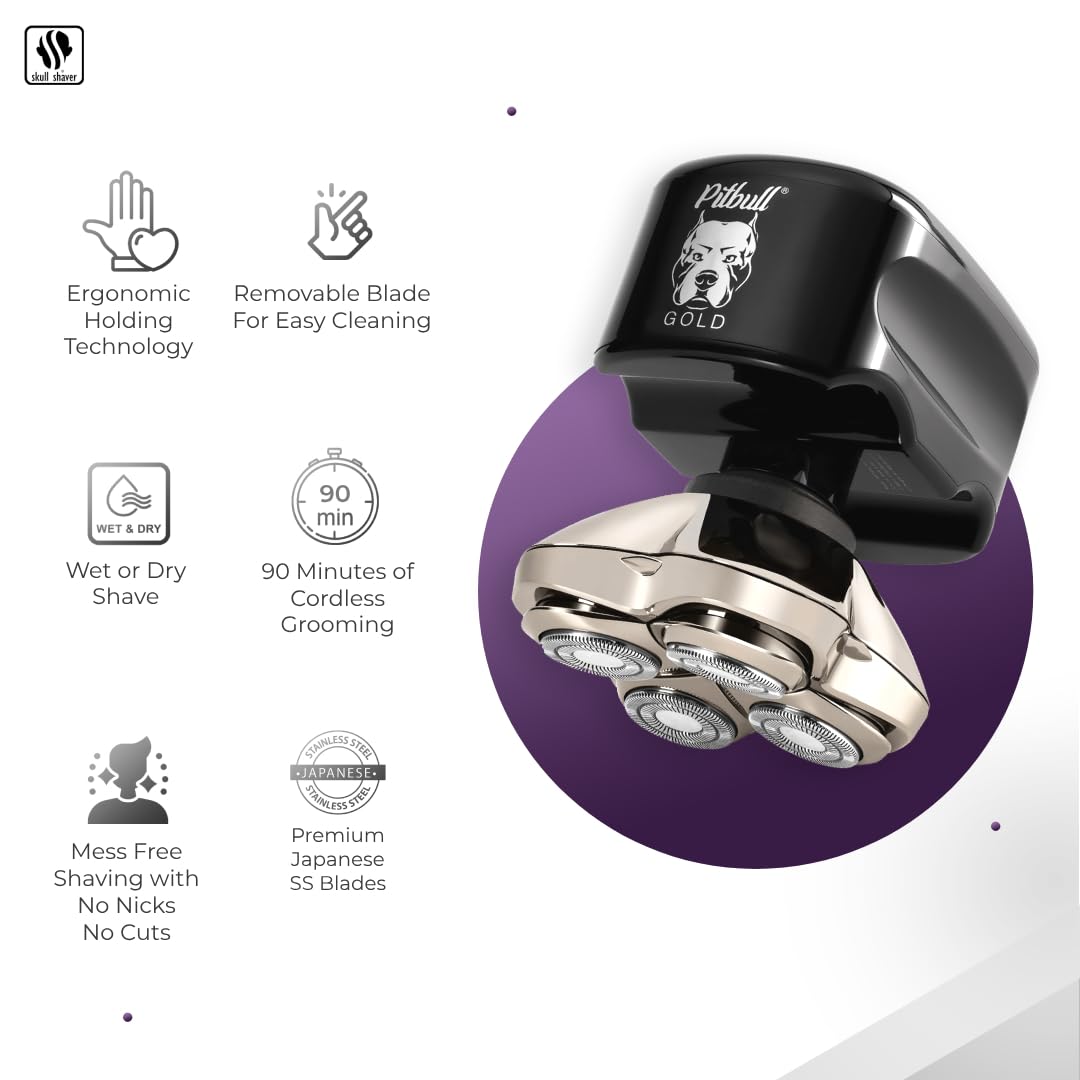 Rasoir tête et visage Skull Shaver Pitbull Gold PRO : coffret cadeau pour homme, rasoir électrique 5 en 1 haut de gamme pour tête chauve, rasoir facile à utiliser à sec et humide