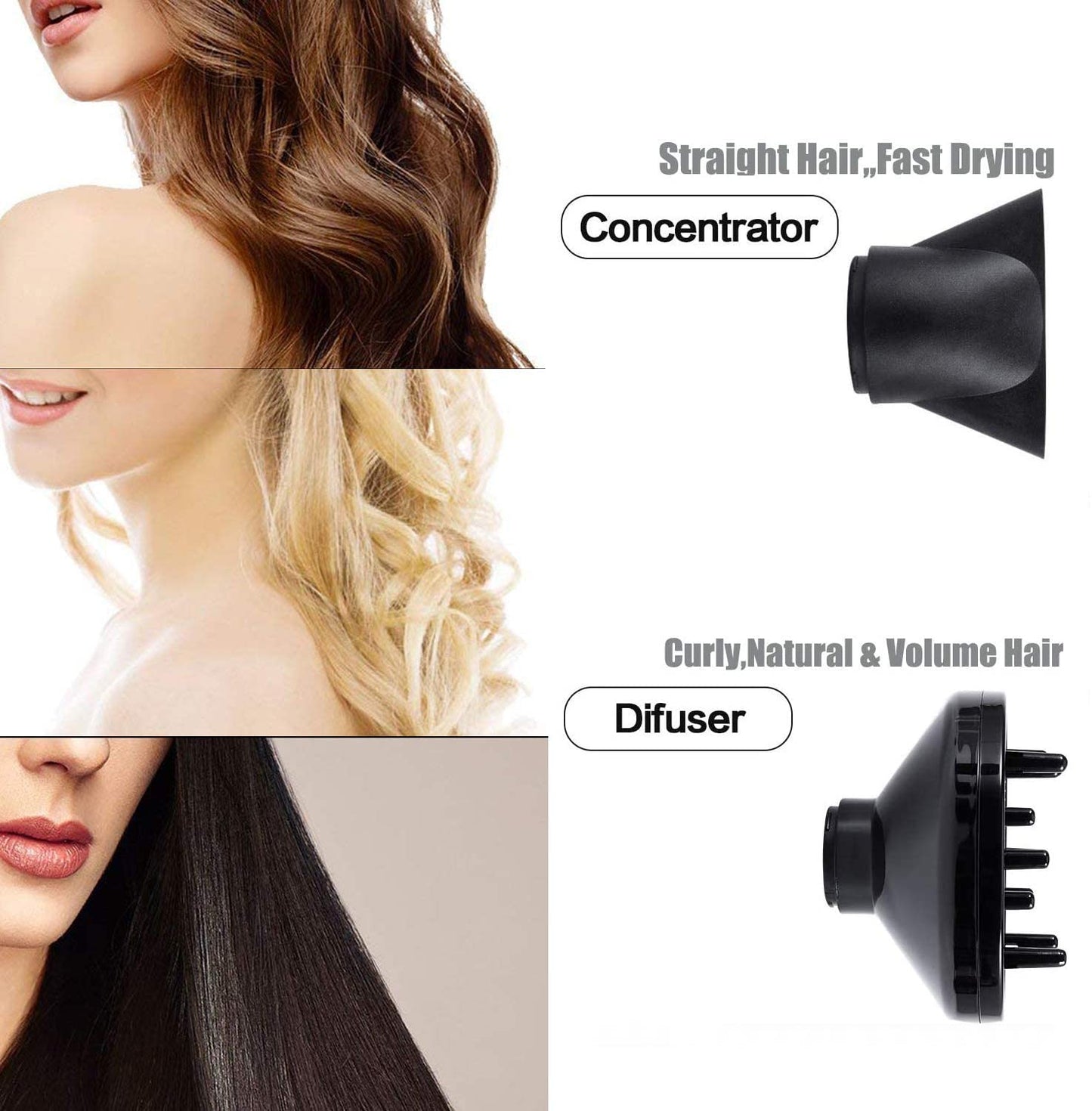 Sèche-cheveux ionique 1875 W, séchage rapide, faible bruit, professionnel, avec diffuseur/concentrateur pour cheveux bouclés et lisses (vert menthe)